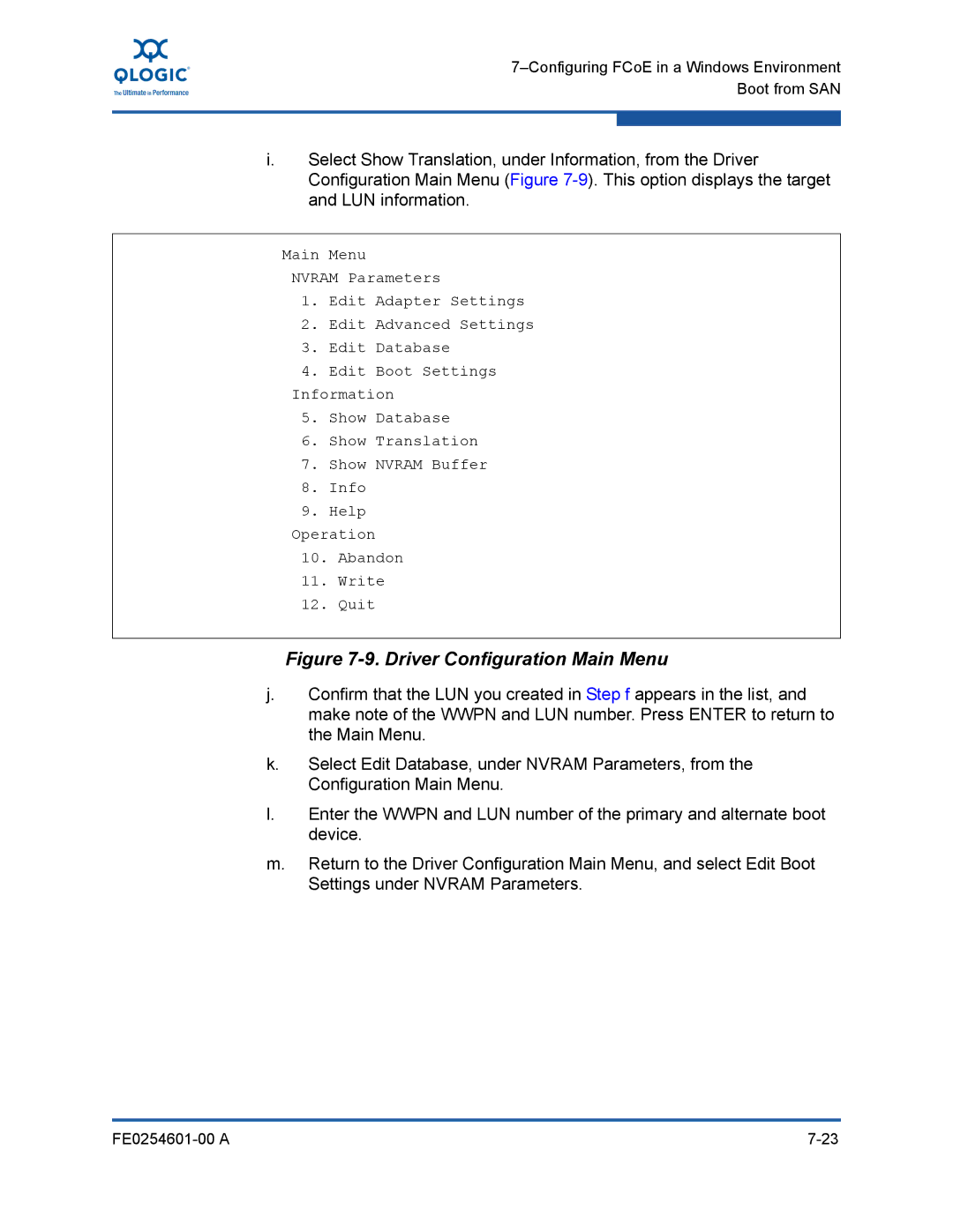 Q-Logic 8100 SERIES manual Driver Configuration Main Menu 