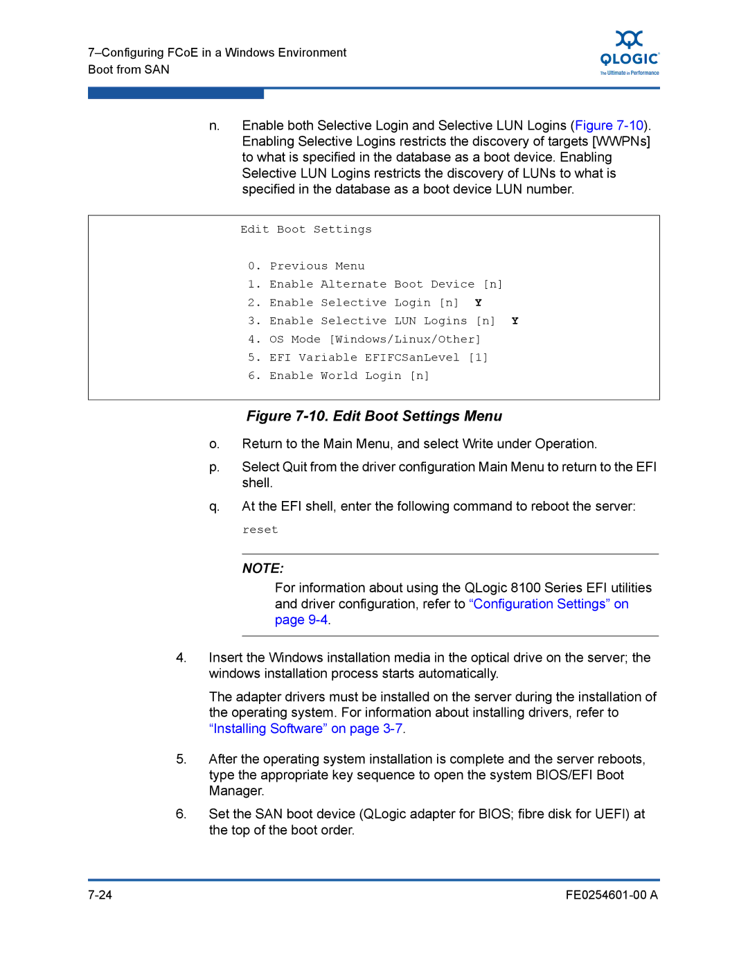 Q-Logic 8100 SERIES manual Edit Boot Settings Menu 