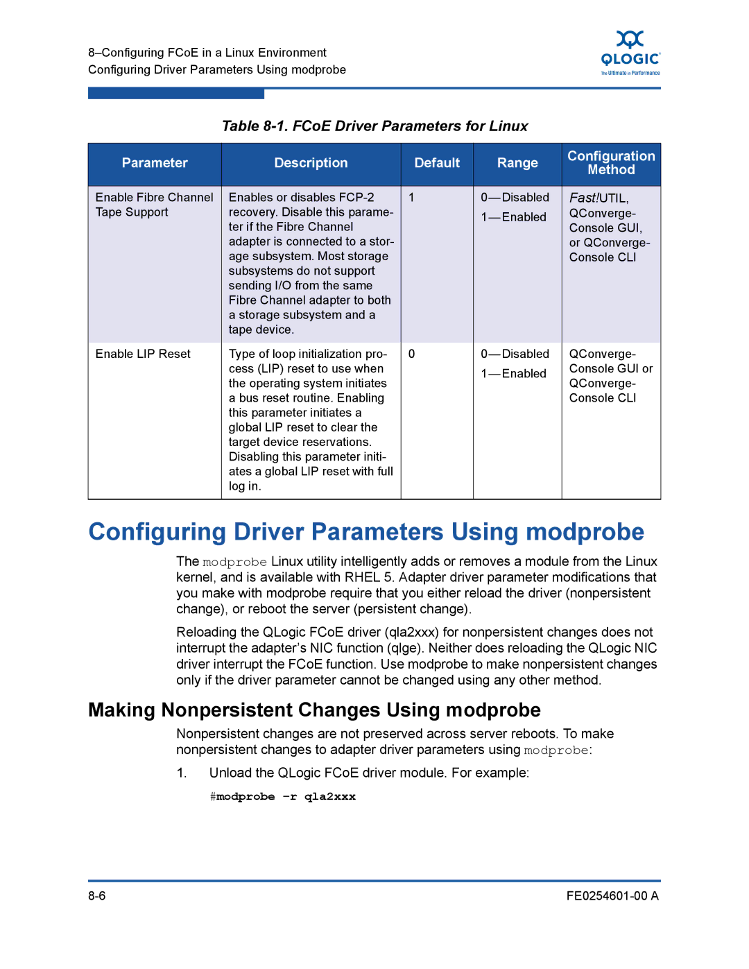 Q-Logic 8100 SERIES manual Configuring Driver Parameters Using modprobe, Making Nonpersistent Changes Using modprobe 