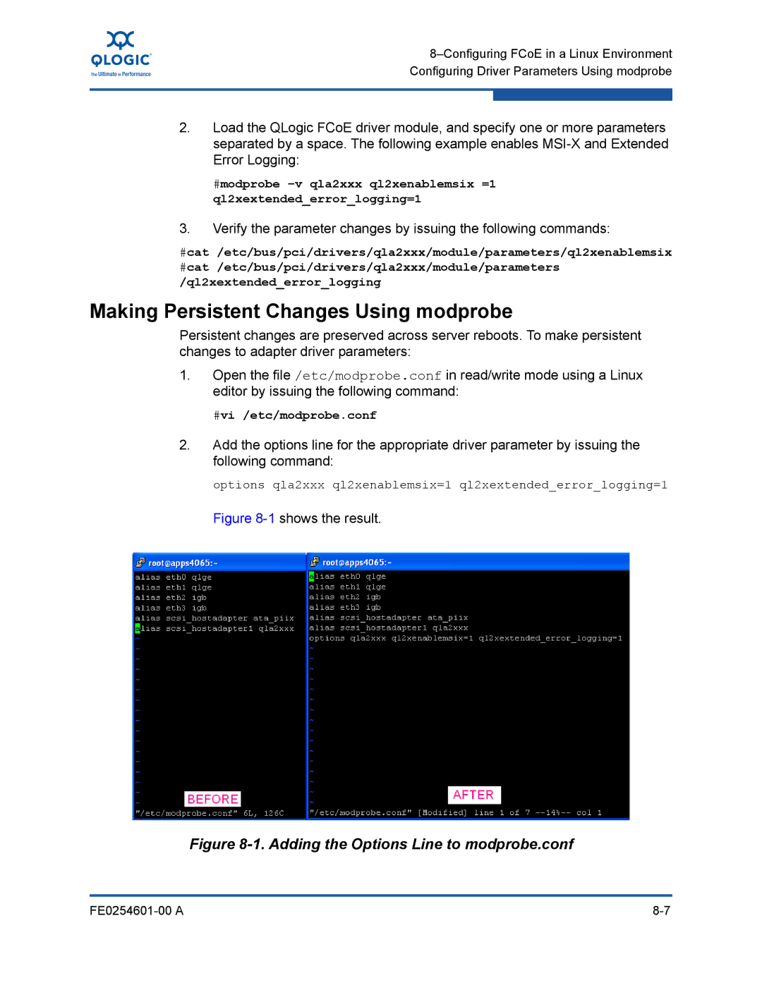 Q-Logic 8100 SERIES manual Making Persistent Changes Using modprobe, Adding the Options Line to modprobe.conf 