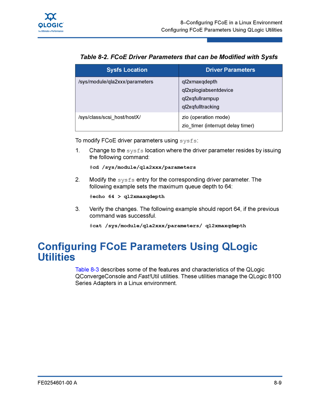 Q-Logic 8100 SERIES manual Configuring FCoE Parameters Using QLogic Utilities, Sysfs Location Driver Parameters 