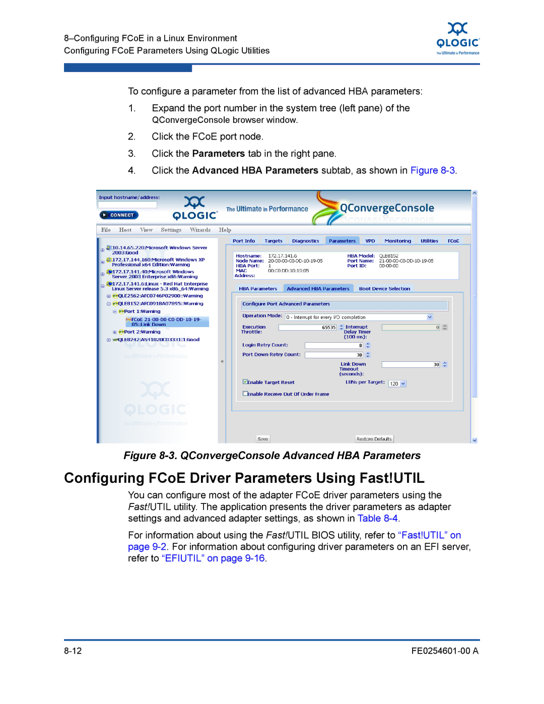 Q-Logic 8100 SERIES manual Configuring FCoE Driver Parameters Using Fast!UTIL, QConvergeConsole Advanced HBA Parameters 