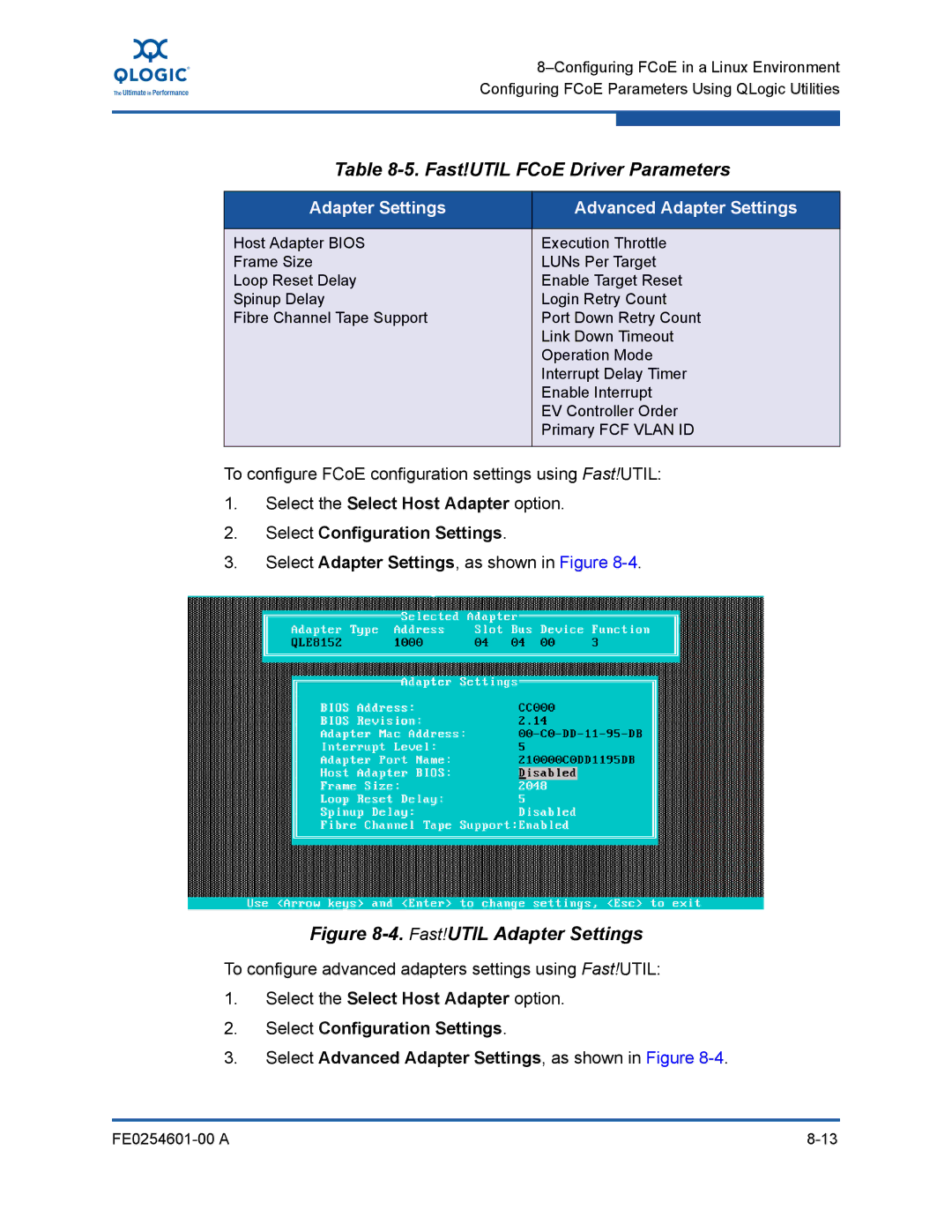 Q-Logic 8100 SERIES manual Fast!UTIL FCoE Driver Parameters, Adapter Settings Advanced Adapter Settings 