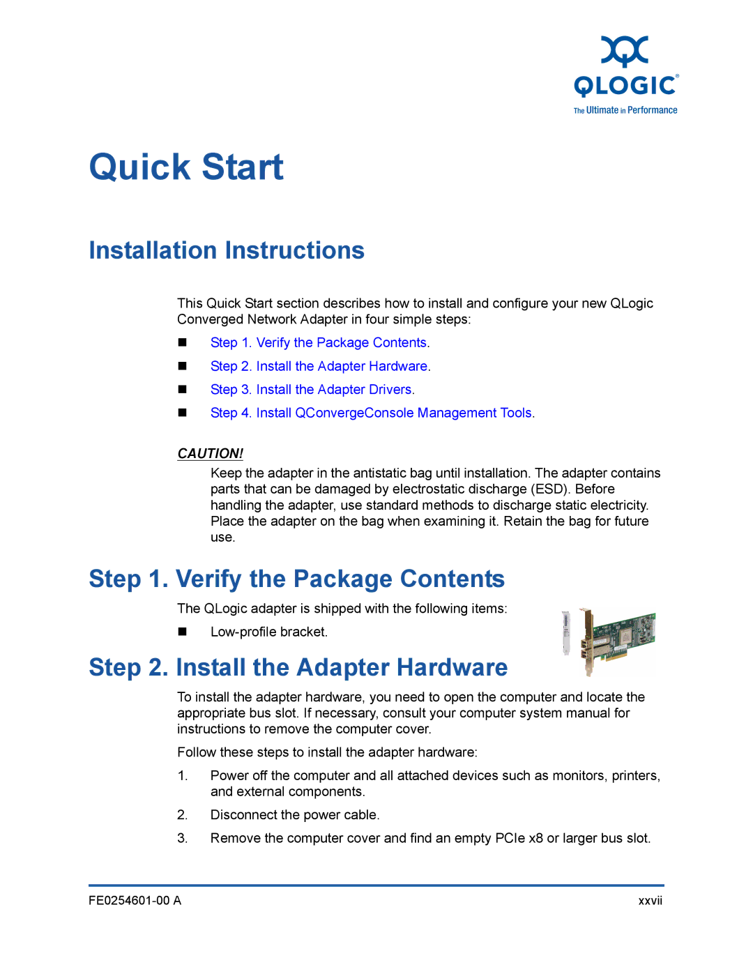 Q-Logic 8100 SERIES manual Installation Instructions, Verify the Package Contents, Install the Adapter Hardware 