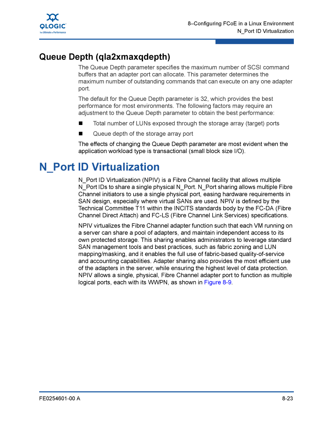 Q-Logic 8100 SERIES manual NPort ID Virtualization, Queue Depth qla2xmaxqdepth 