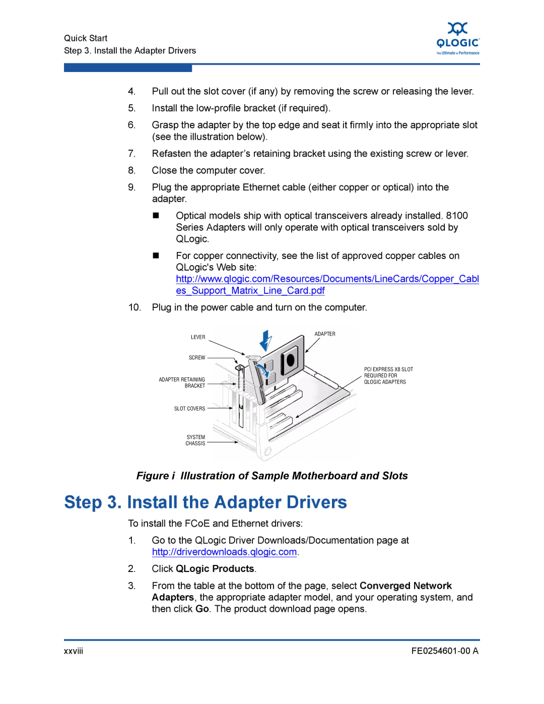 Q-Logic 8100 SERIES manual Install the Adapter Drivers, Figure i Illustration of Sample Motherboard and Slots 