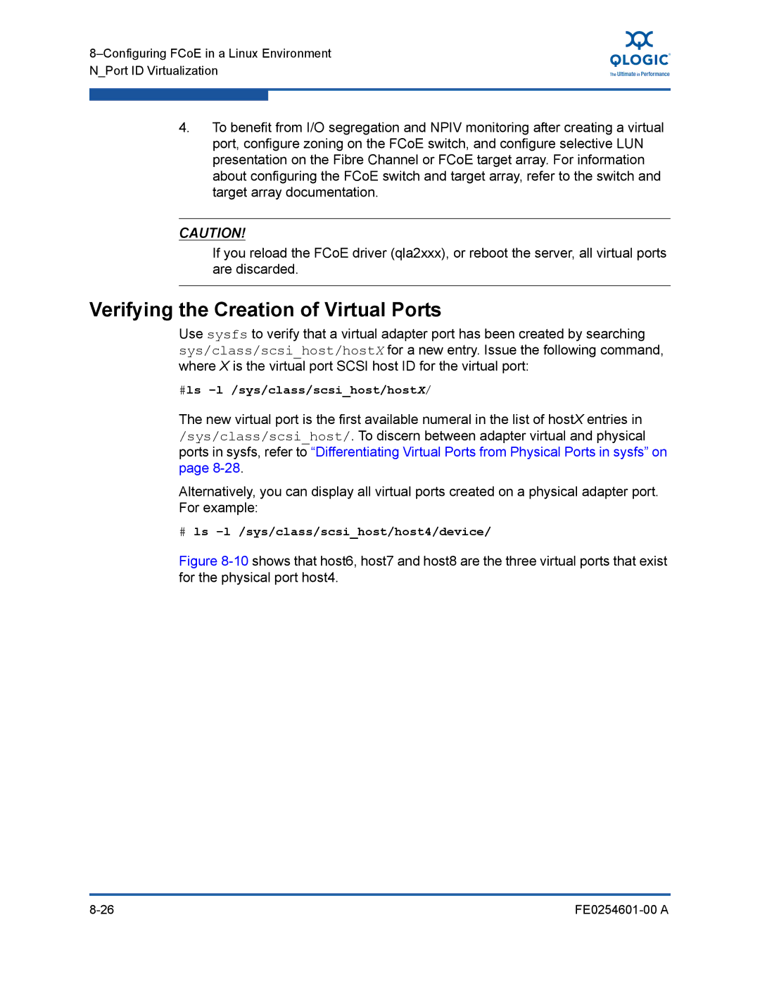 Q-Logic 8100 SERIES manual Verifying the Creation of Virtual Ports, #ls -l /sys/class/scsihost/hostX 