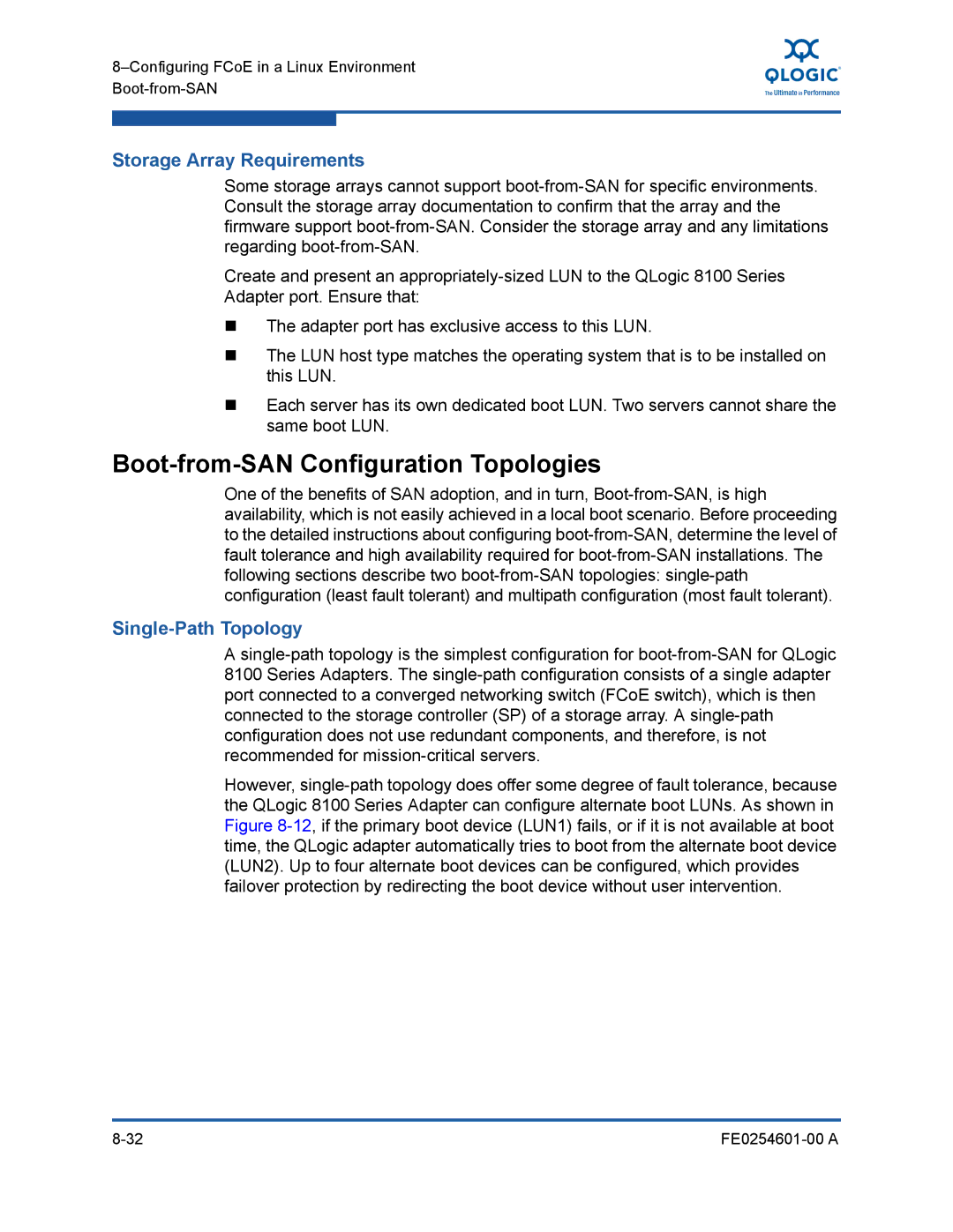 Q-Logic 8100 SERIES manual Boot-from-SAN Configuration Topologies, Single-Path Topology 