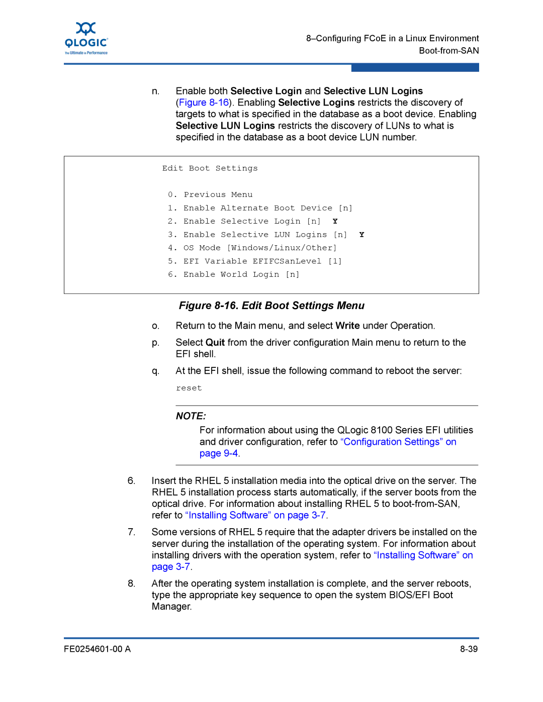 Q-Logic 8100 SERIES manual Edit Boot Settings Menu 