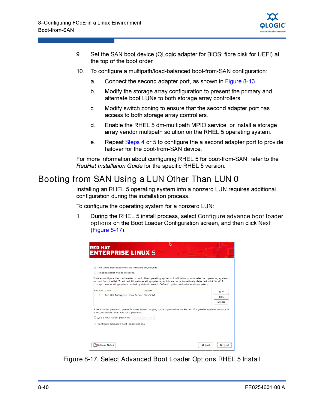 Q-Logic 8100 SERIES manual Booting from SAN Using a LUN Other Than LUN, Select Advanced Boot Loader Options Rhel 5 Install 