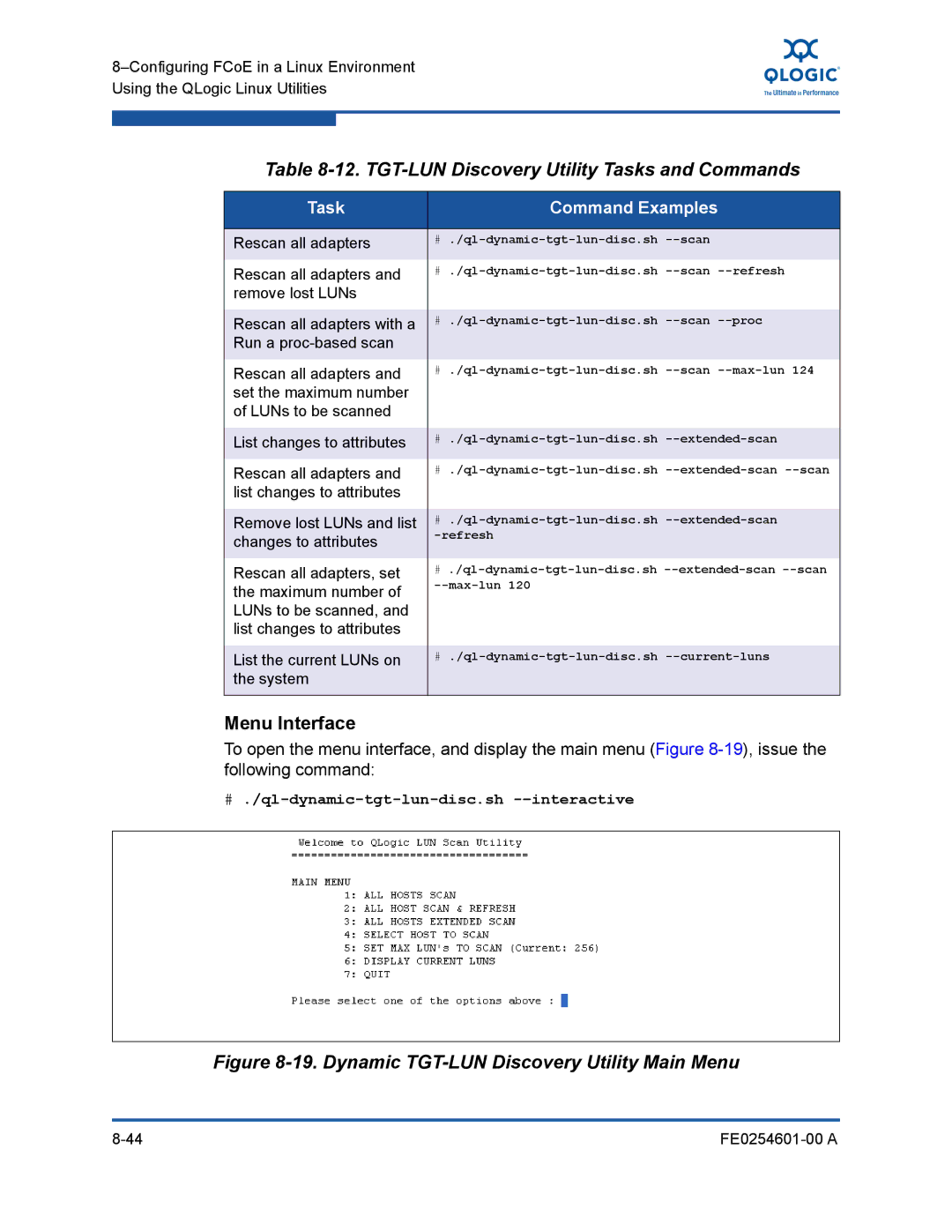 Q-Logic 8100 SERIES manual TGT-LUN Discovery Utility Tasks and Commands, Task Command Examples 