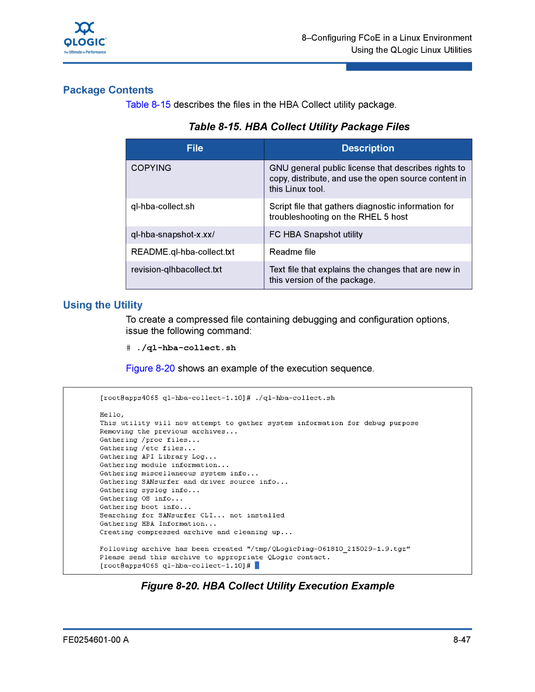 Q-Logic 8100 SERIES manual HBA Collect Utility Package Files, # ./ql-hba-collect.sh 