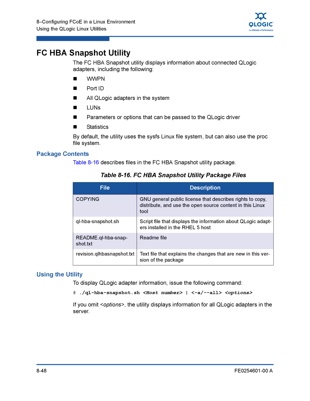 Q-Logic 8100 SERIES manual FC HBA Snapshot Utility Package Files, # ./ql-hba-snapshot.sh Host number -a/--all options 