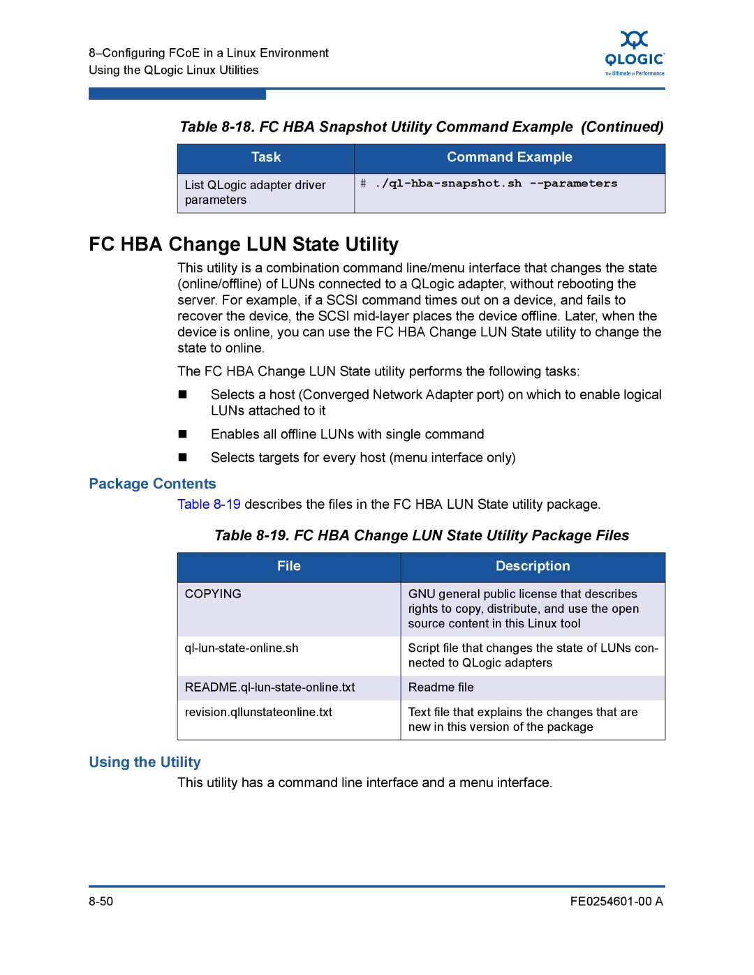 Q-Logic 8100 SERIES manual FC HBA Change LUN State Utility Package Files, # ./ql-hba-snapshot.sh --parameters 