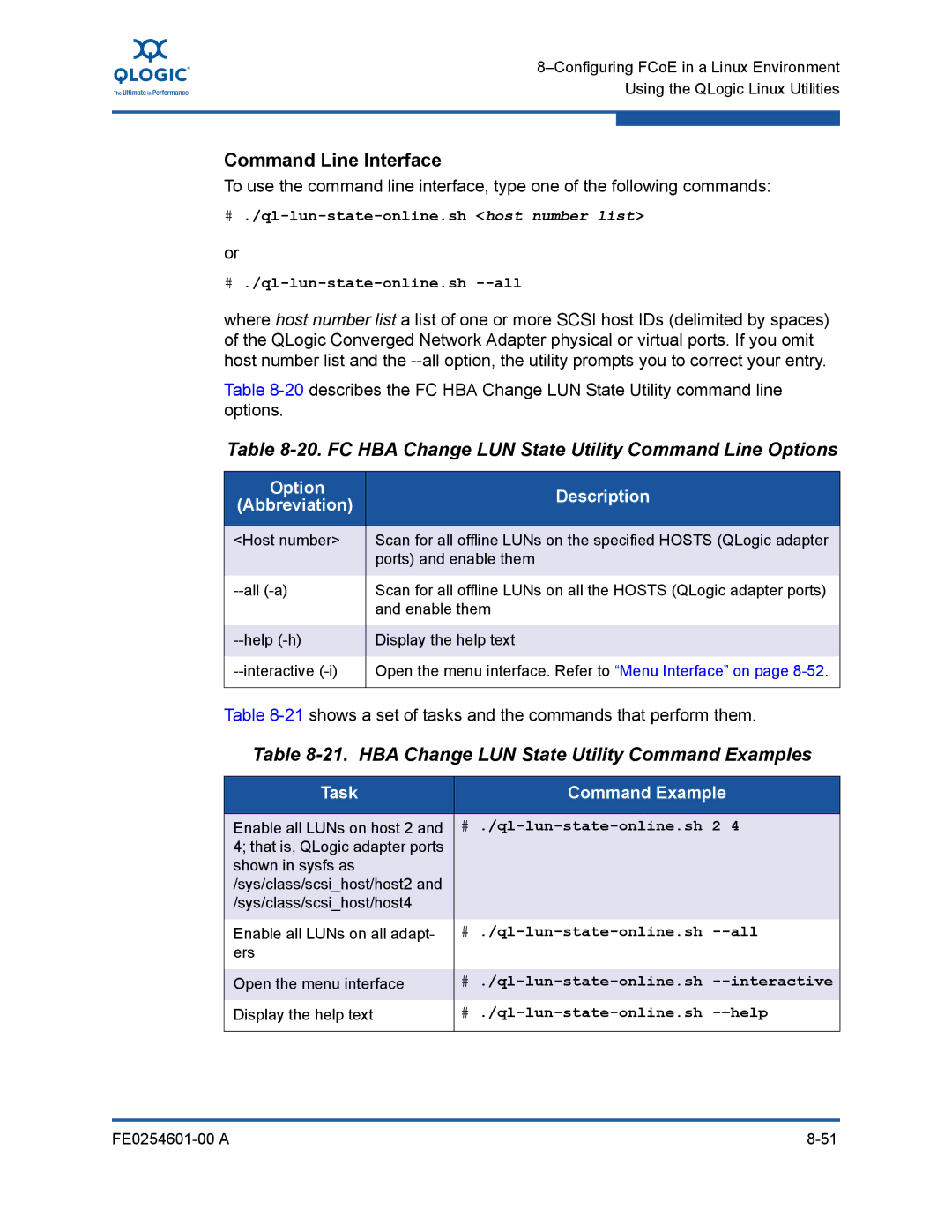 Q-Logic 8100 SERIES FC HBA Change LUN State Utility Command Line Options, HBA Change LUN State Utility Command Examples 