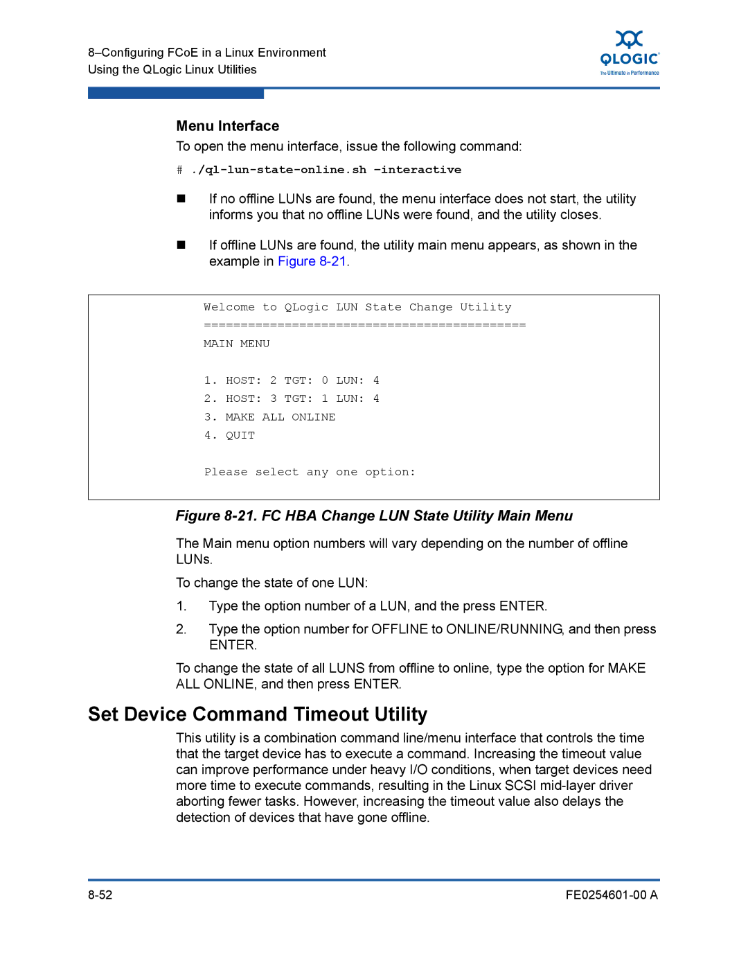 Q-Logic 8100 SERIES manual Set Device Command Timeout Utility, # ./ql-lun-state-online.sh -interactive 