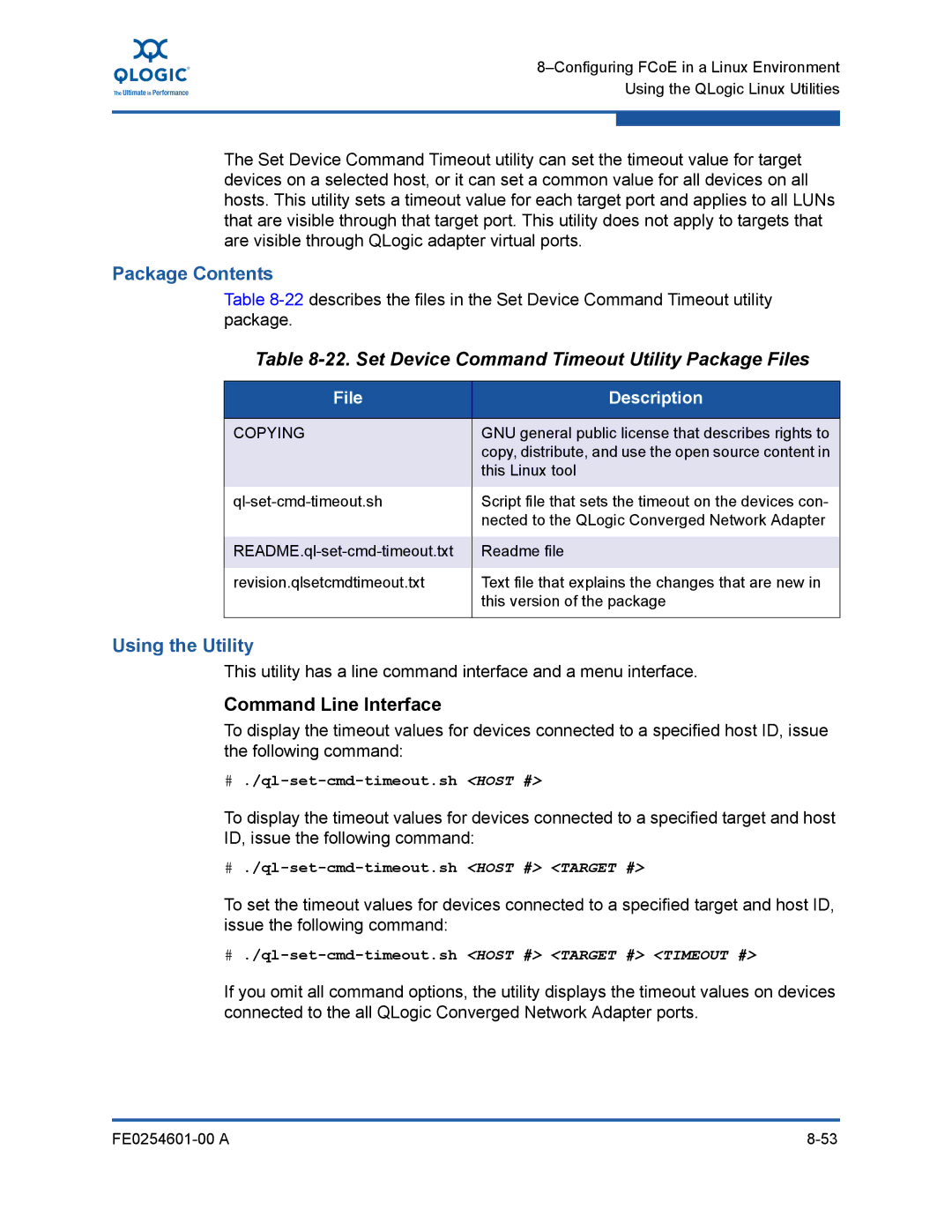 Q-Logic 8100 SERIES manual Set Device Command Timeout Utility Package Files, # ./ql-set-cmd-timeout.sh Host # 