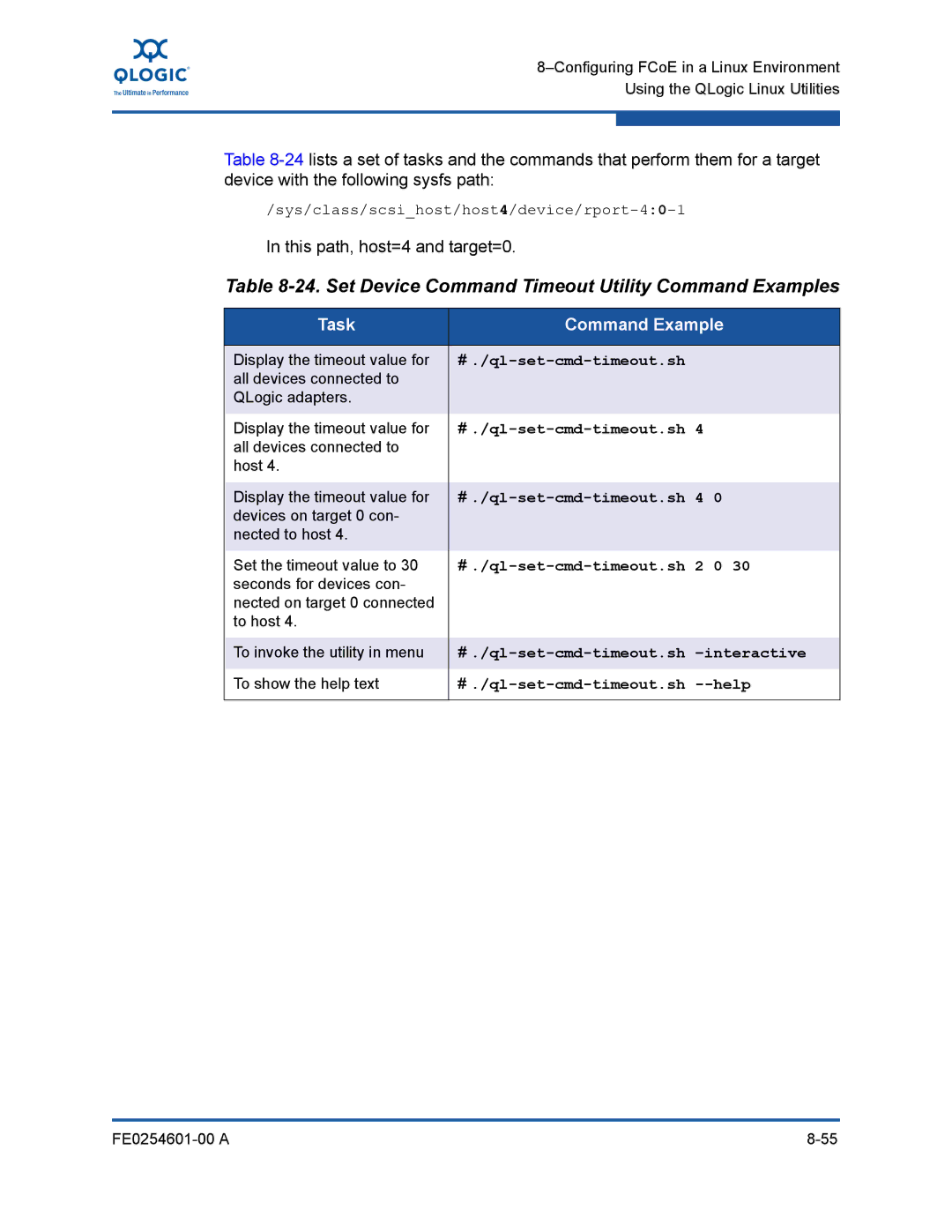 Q-Logic 8100 SERIES manual Set Device Command Timeout Utility Command Examples 