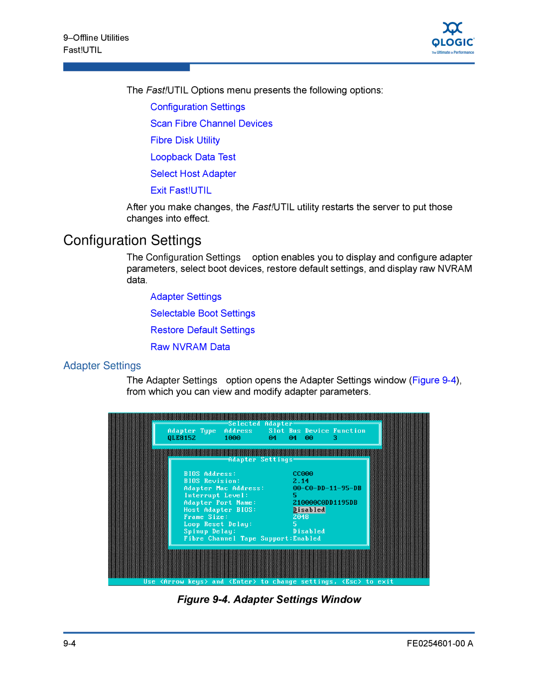 Q-Logic 8100 SERIES manual Configuration Settings, Adapter Settings 