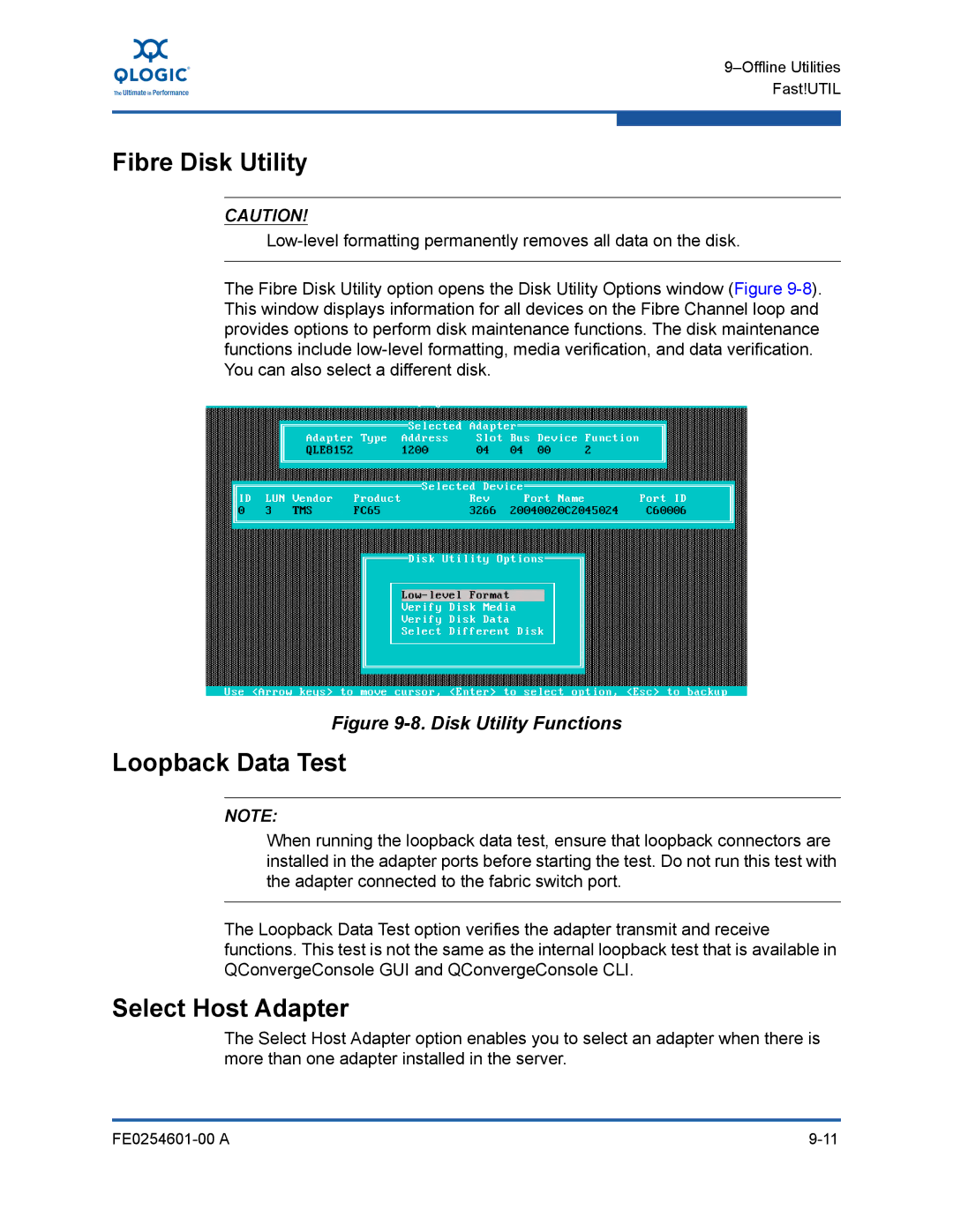 Q-Logic 8100 SERIES manual Fibre Disk Utility, Loopback Data Test, Select Host Adapter 