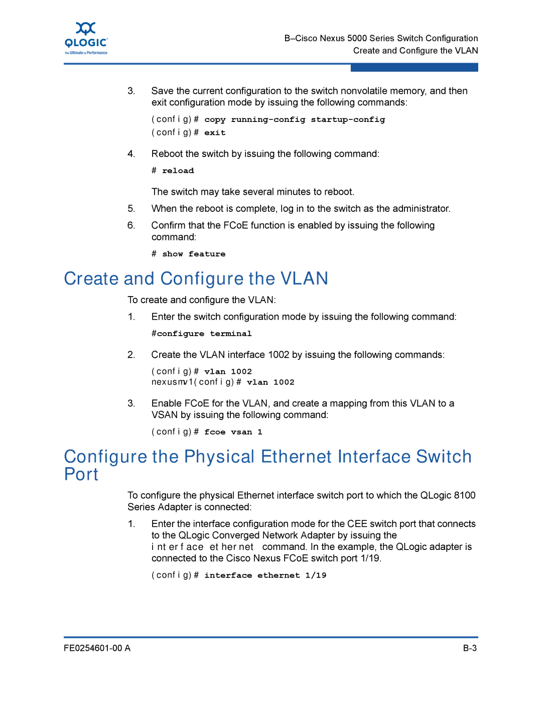 Q-Logic 8100 SERIES manual Create and Configure the Vlan, Configure the Physical Ethernet Interface Switch Port 