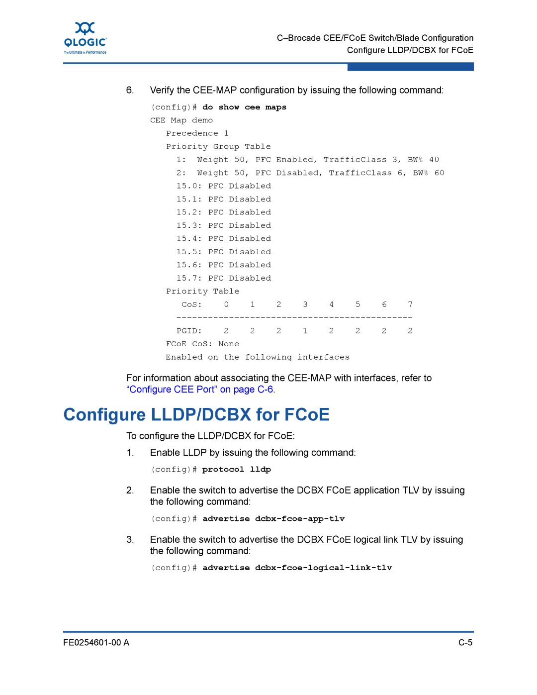 Q-Logic 8100 SERIES manual Configure LLDP/DCBX for FCoE, Config# do show cee maps CEE Map demo, Config# protocol lldp 