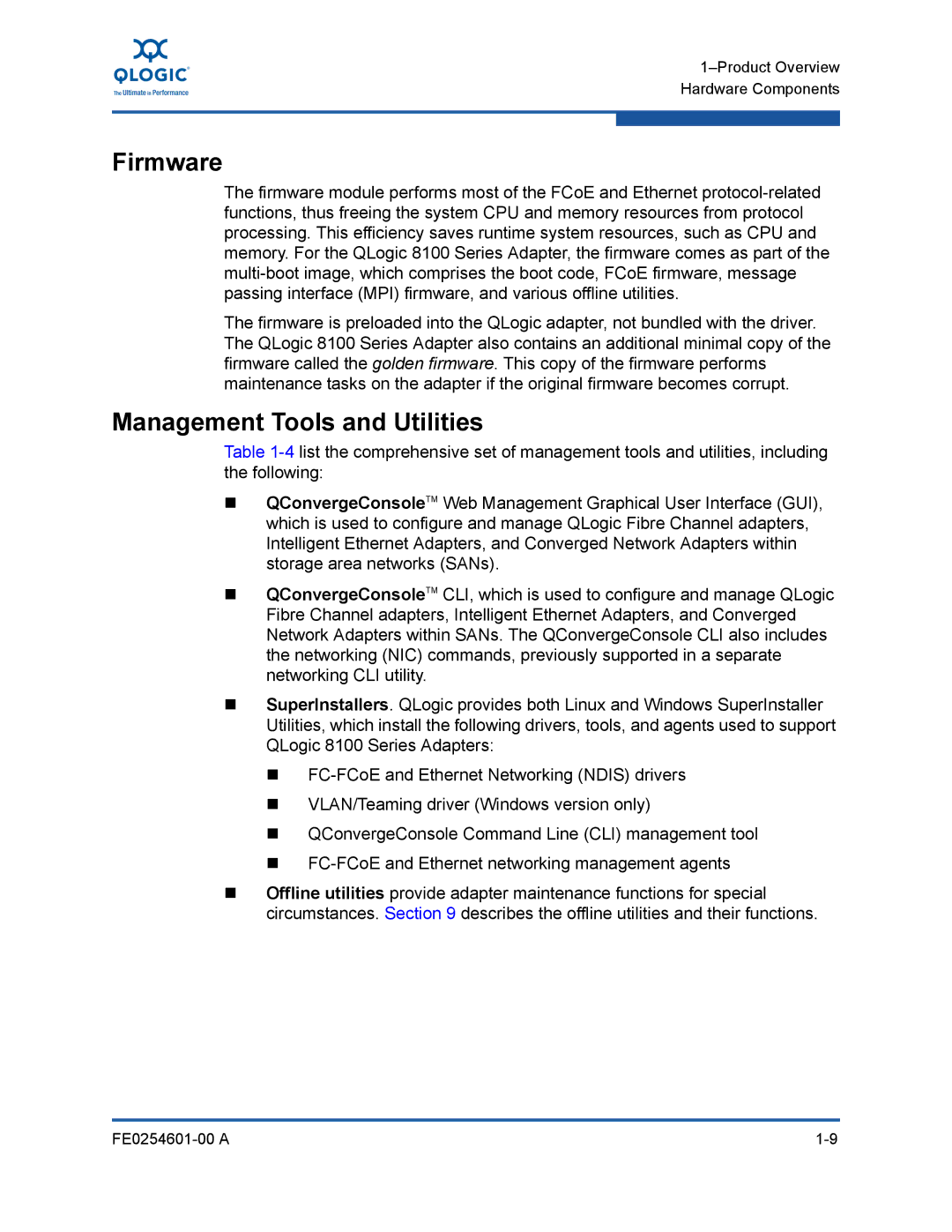 Q-Logic 8100 SERIES manual Firmware, Management Tools and Utilities 