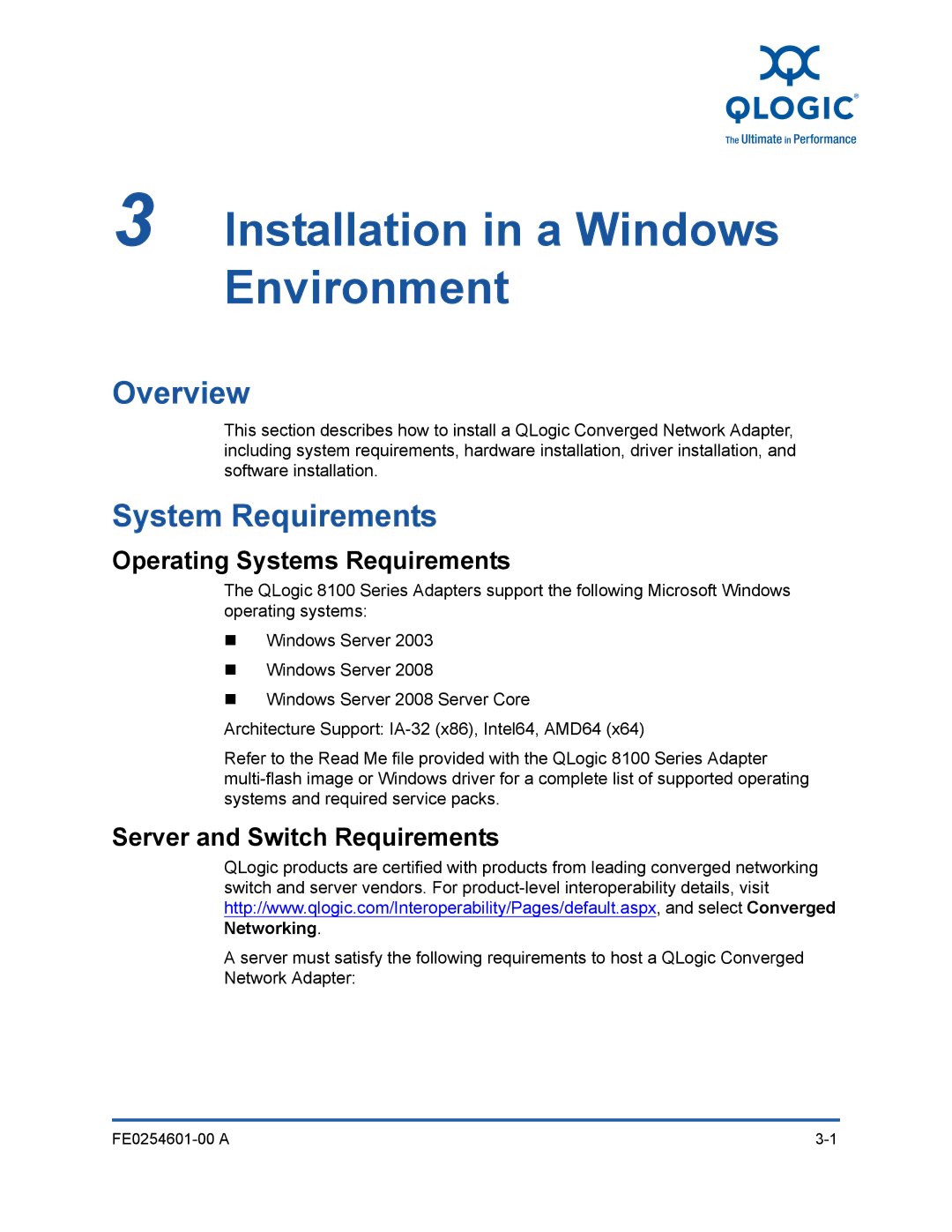 Q-Logic 8100 SERIES manual System Requirements, Operating Systems Requirements, Server and Switch Requirements 