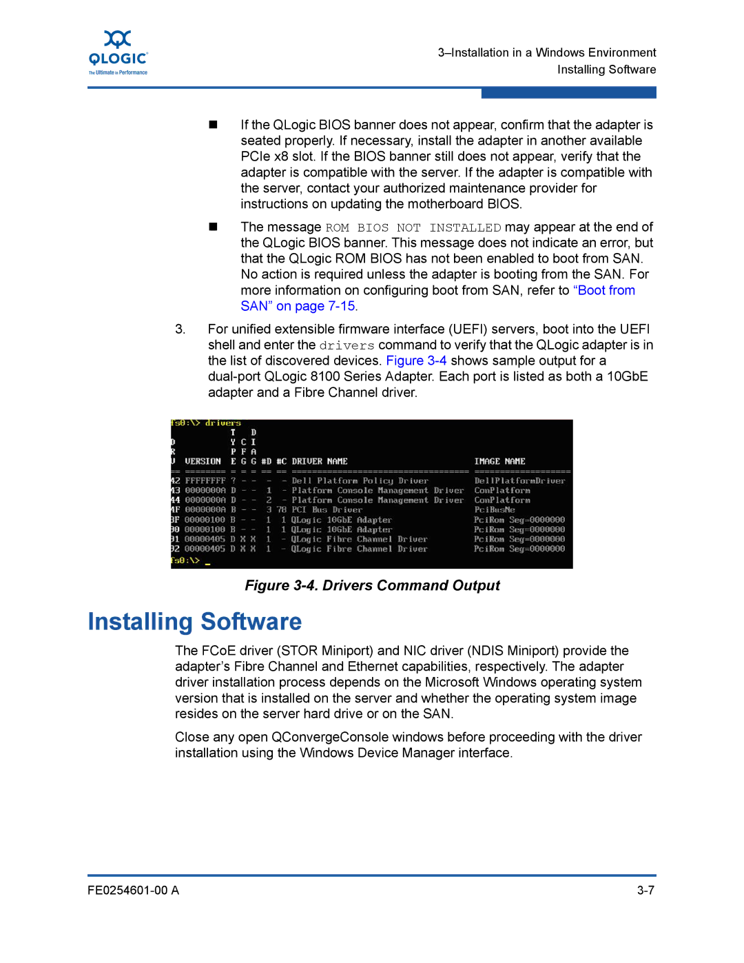 Q-Logic 8100 SERIES manual Installing Software, Drivers Command Output 