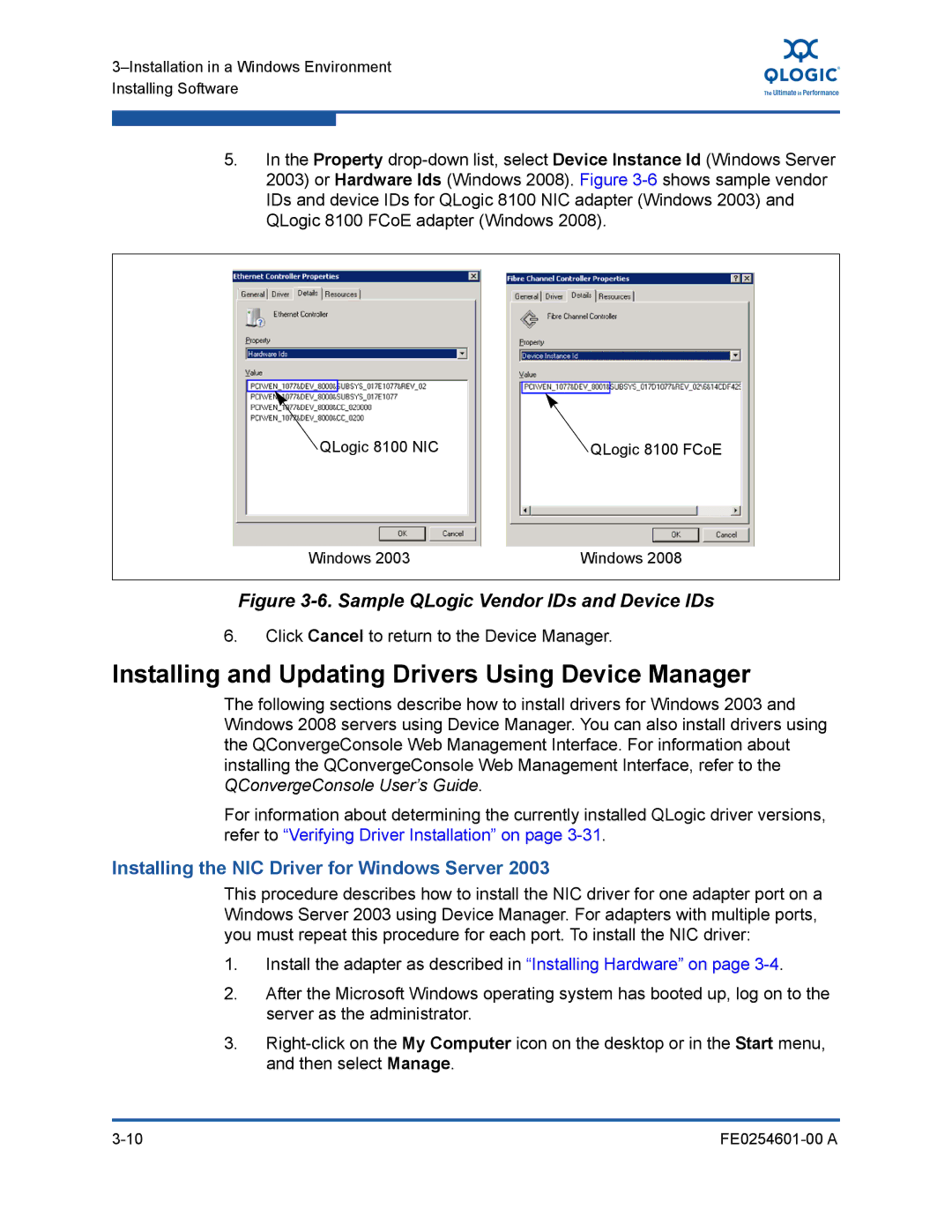 Q-Logic 8100 SERIES Installing and Updating Drivers Using Device Manager, Installing the NIC Driver for Windows Server 