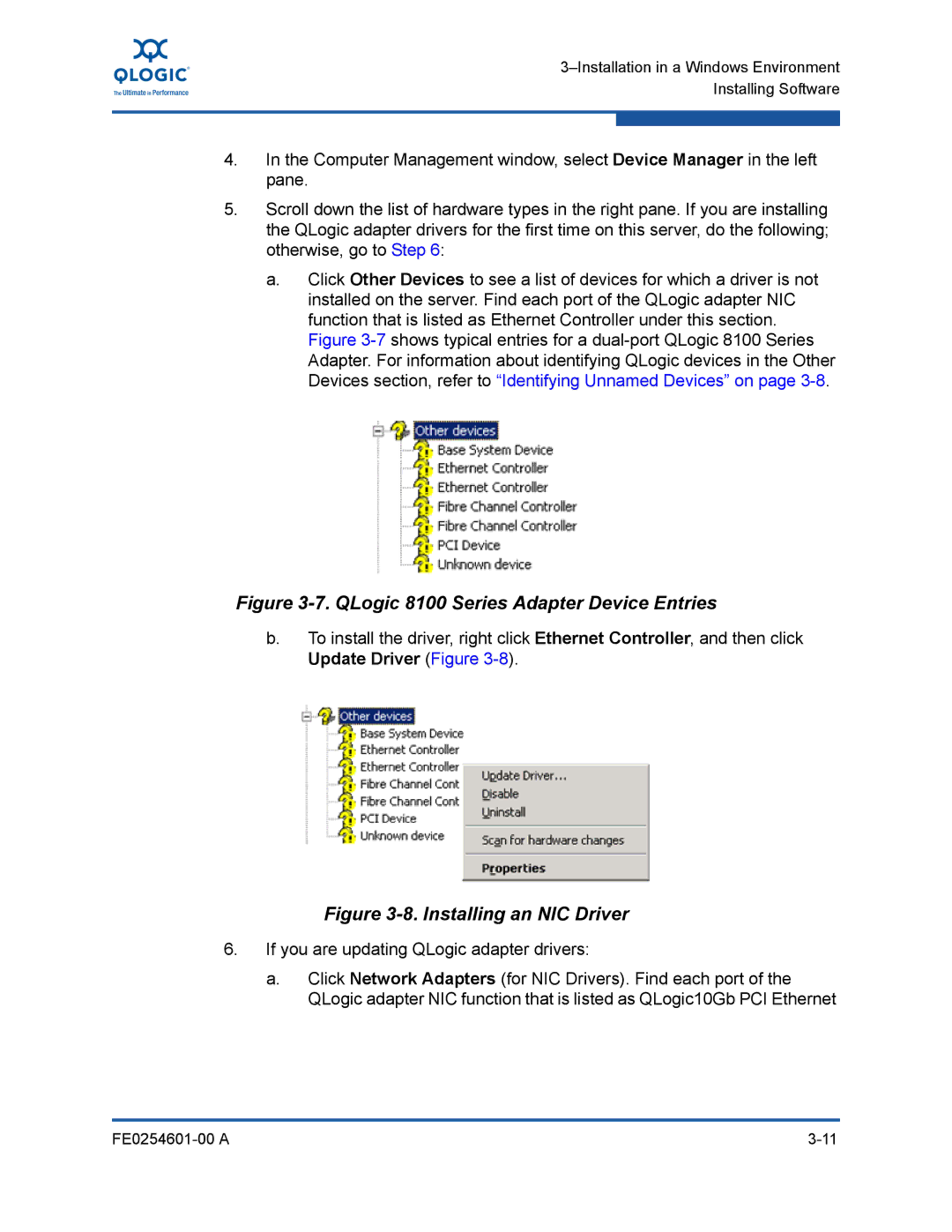 Q-Logic 8100 SERIES manual QLogic 8100 Series Adapter Device Entries 