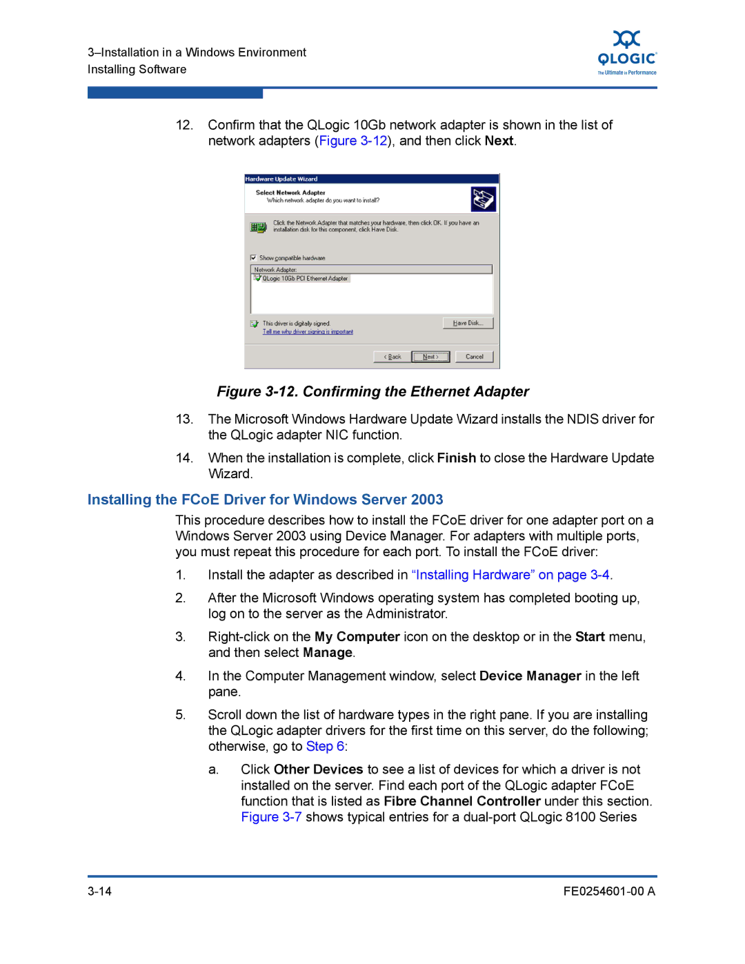 Q-Logic 8100 SERIES manual Confirming the Ethernet Adapter, Installing the FCoE Driver for Windows Server 