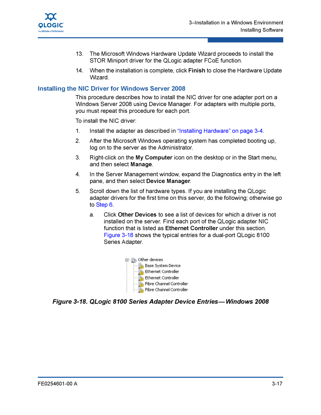 Q-Logic 8100 SERIES manual QLogic 8100 Series Adapter Device Entries-Windows 