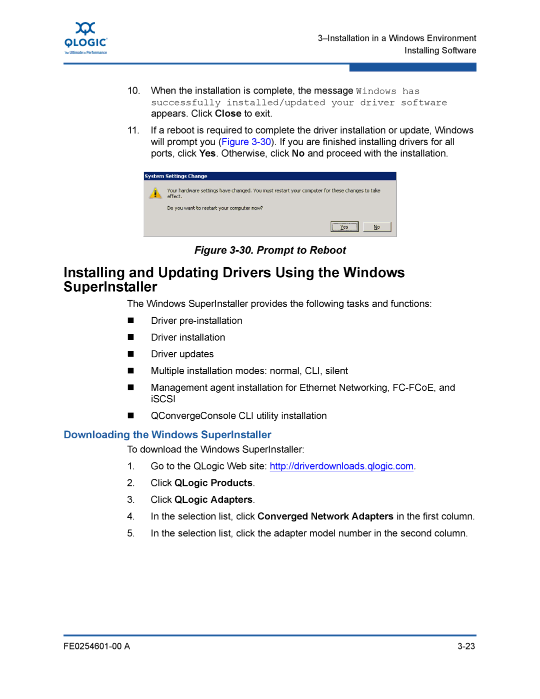 Q-Logic 8100 SERIES manual Prompt to Reboot, Downloading the Windows SuperInstaller 