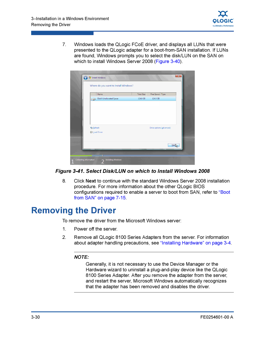 Q-Logic 8100 SERIES manual Removing the Driver, Select Disk/LUN on which to Install Windows 