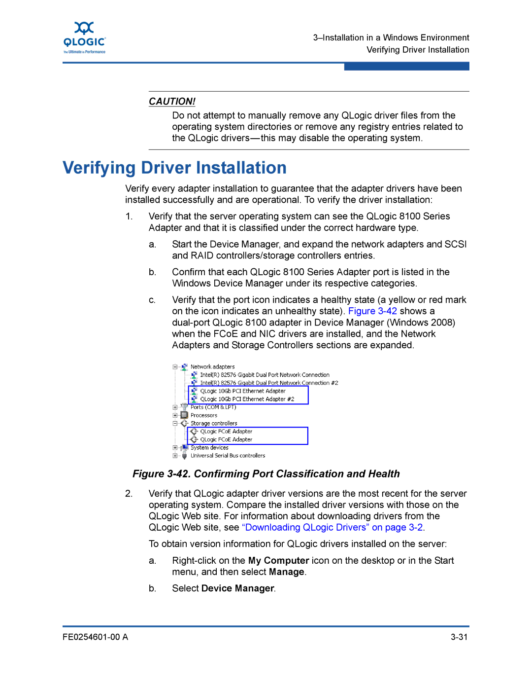 Q-Logic 8100 SERIES manual Verifying Driver Installation, Confirming Port Classification and Health 