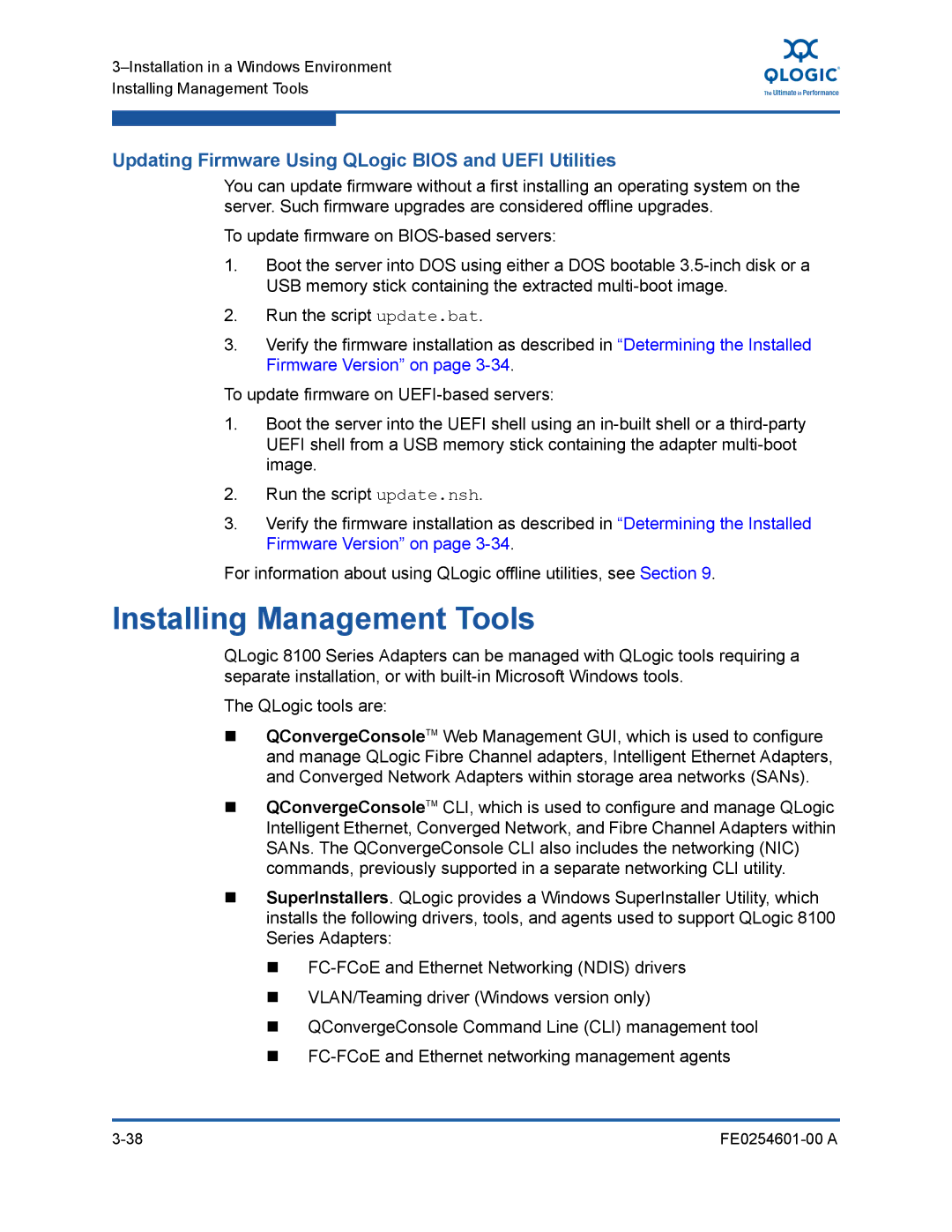 Q-Logic 8100 SERIES manual Installing Management Tools, Updating Firmware Using QLogic Bios and Uefi Utilities 