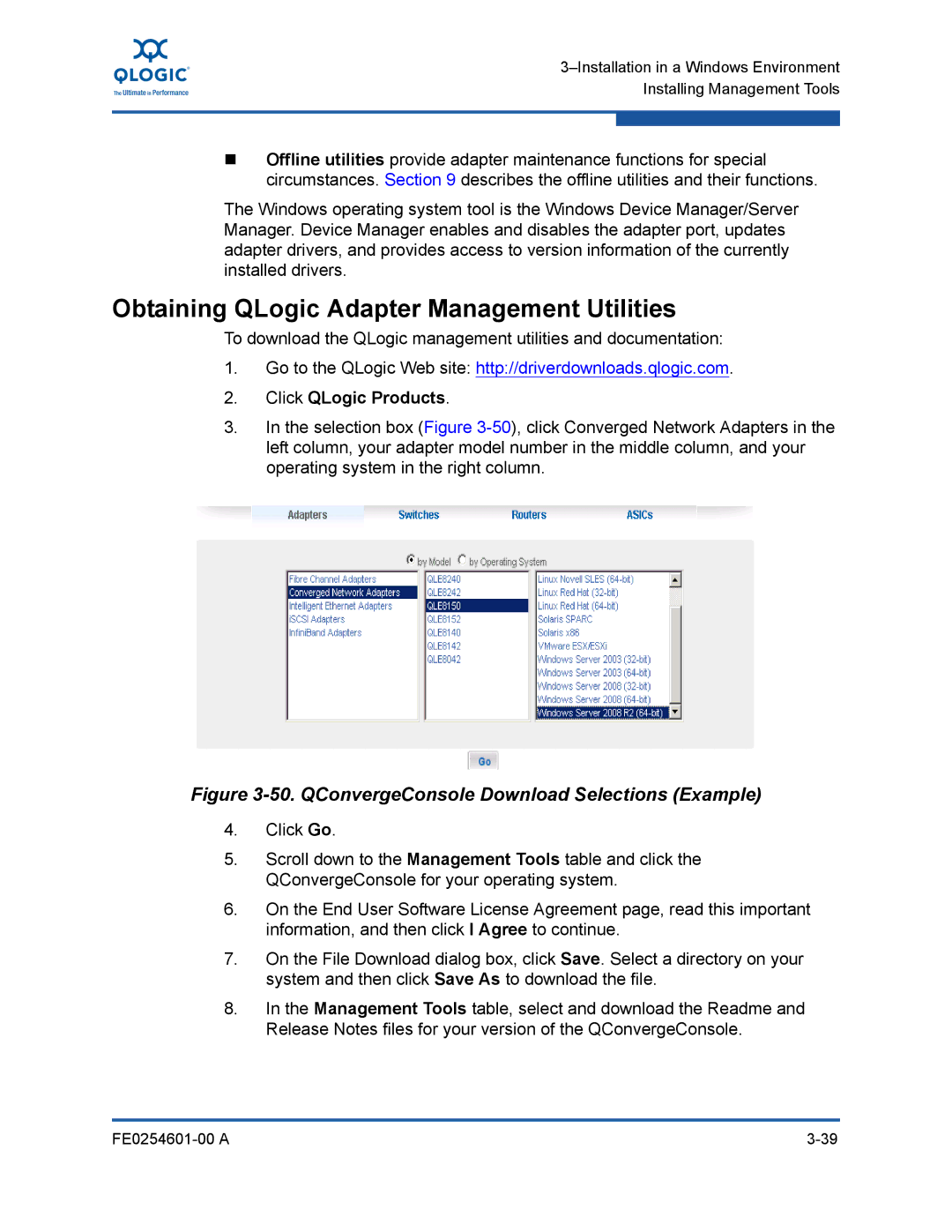 Q-Logic 8100 SERIES manual Obtaining QLogic Adapter Management Utilities, QConvergeConsole Download Selections Example 