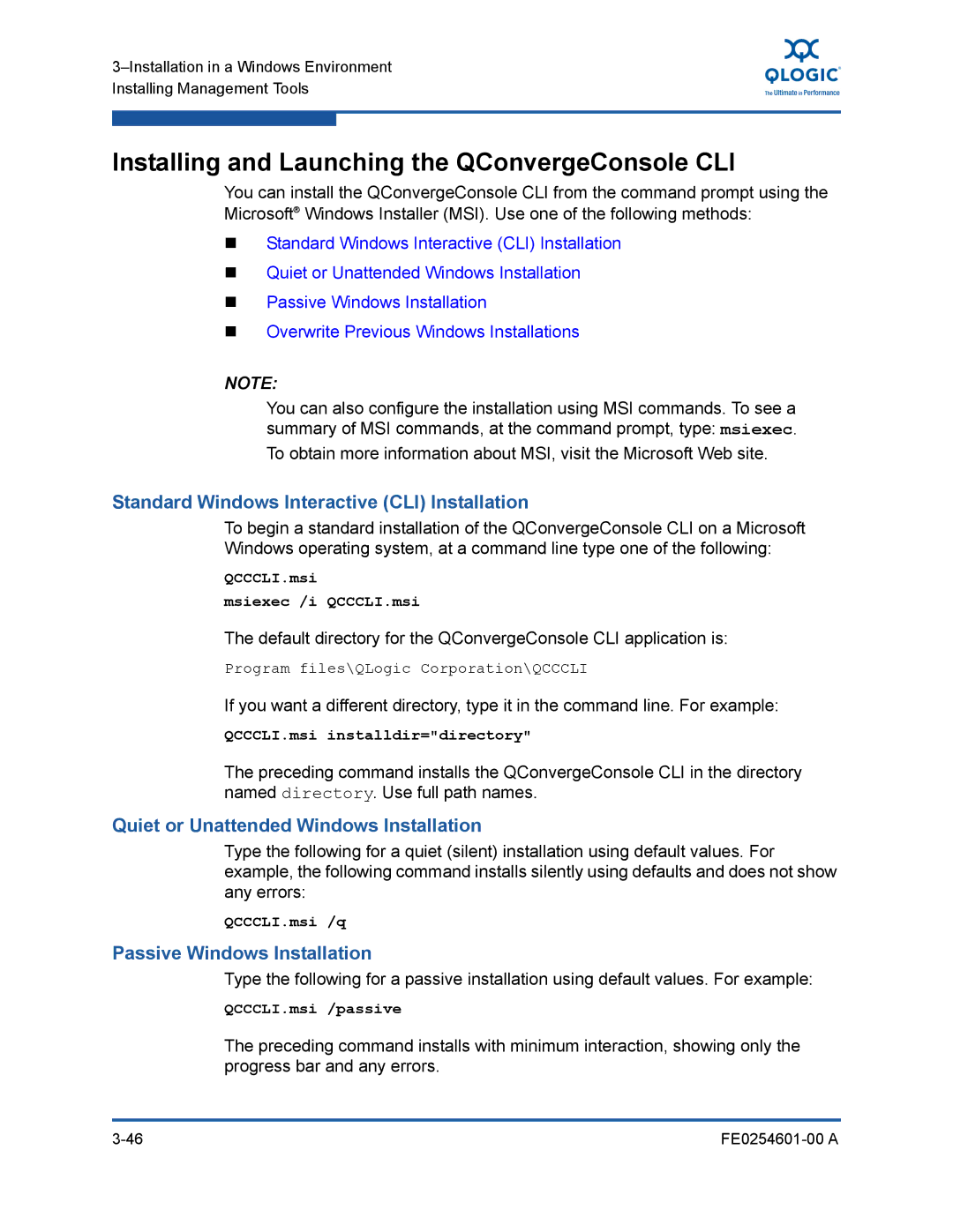 Q-Logic 8100 SERIES manual Installing and Launching the QConvergeConsole CLI, Standard Windows Interactive CLI Installation 