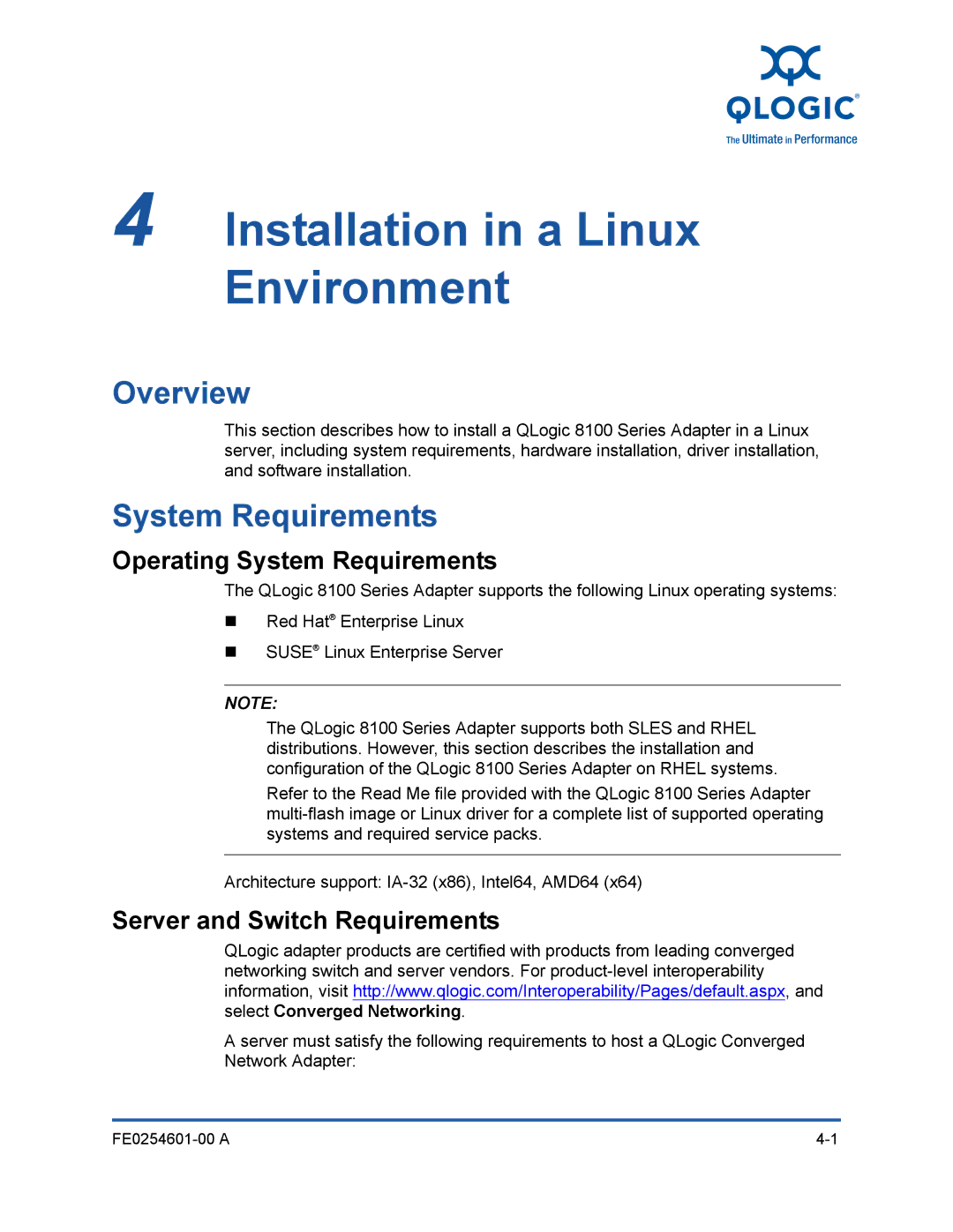 Q-Logic 8100 SERIES manual Installation in a Linux Environment, Operating System Requirements 