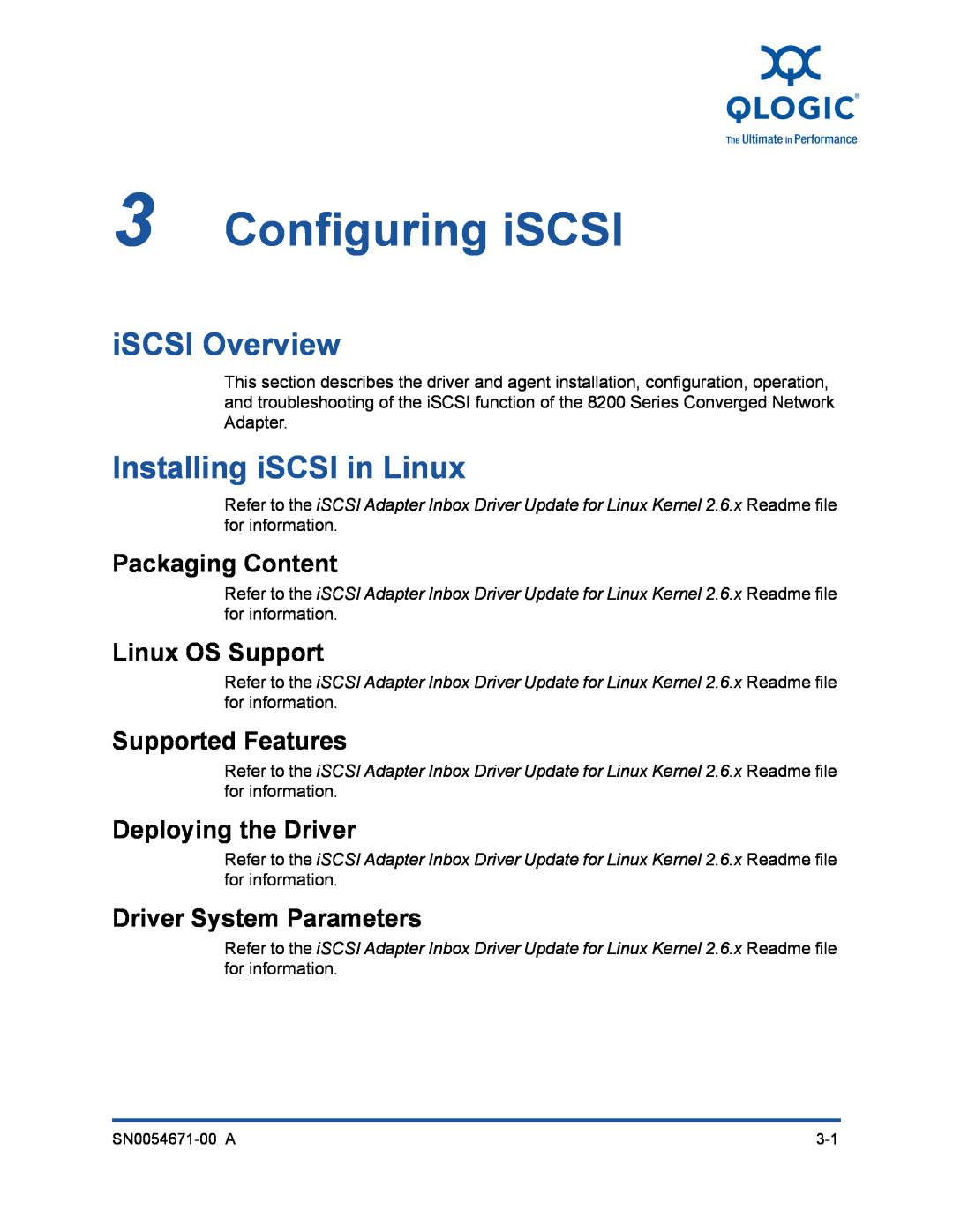 Q-Logic 3200 Configuring iSCSI, iSCSI Overview, Installing iSCSI in Linux, Deploying the Driver, Driver System Parameters 