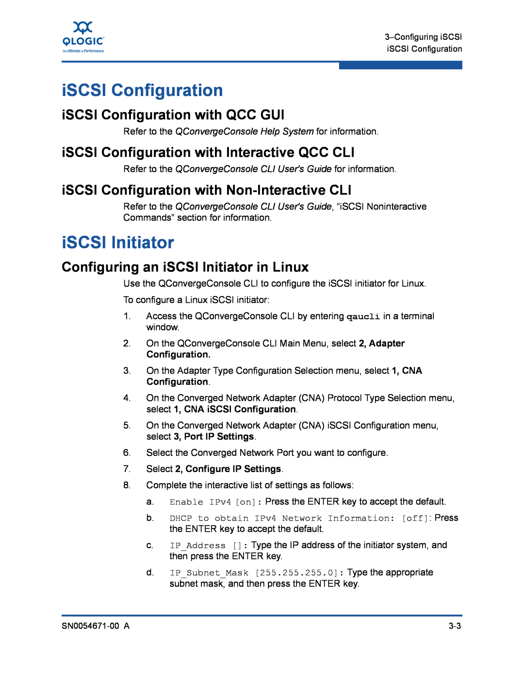 Q-Logic 3200, 8200 iSCSI Initiator, iSCSI Configuration with QCC GUI, iSCSI Configuration with Interactive QCC CLI 