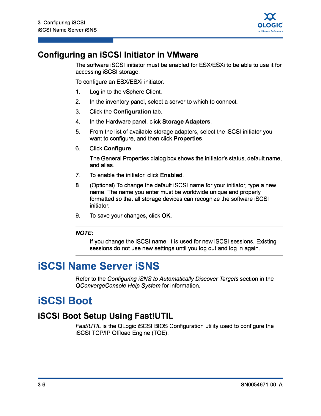 Q-Logic 8200, 3200 manual iSCSI Name Server iSNS, iSCSI Boot, Configuring an iSCSI Initiator in VMware, Click Configure 