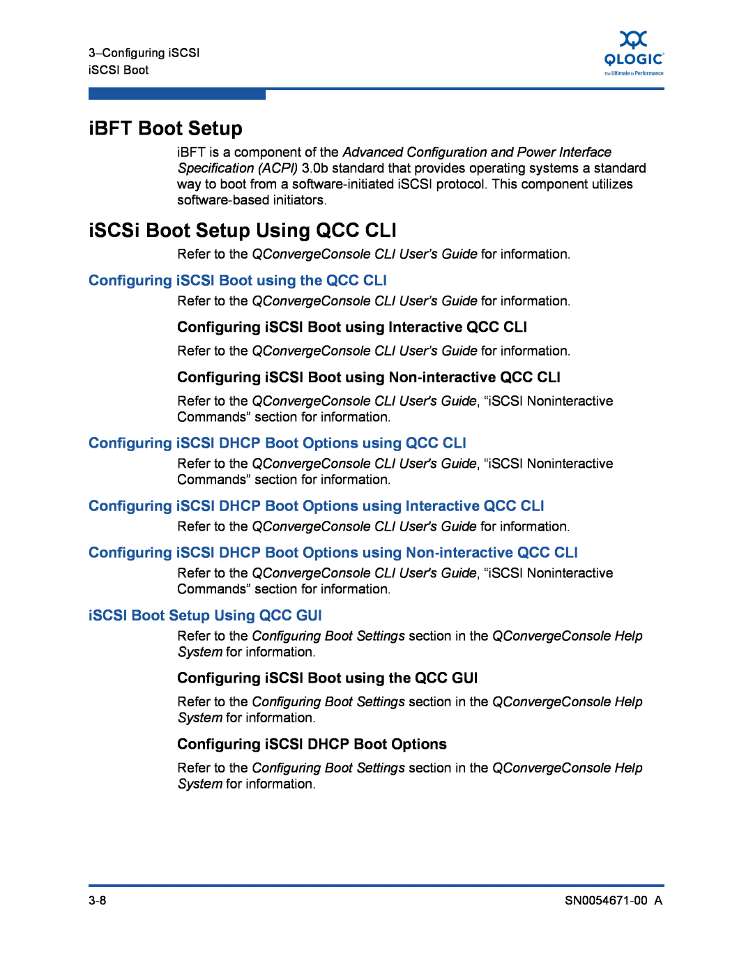 Q-Logic 8200, 3200 manual iBFT Boot Setup, iSCSi Boot Setup Using QCC CLI, Configuring iSCSI Boot using the QCC CLI 