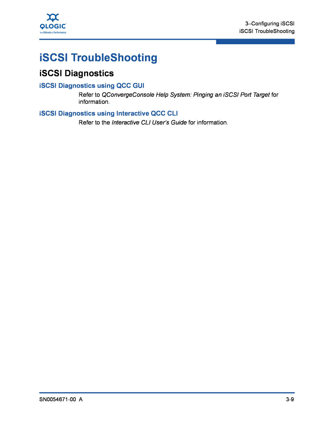 Q-Logic 3200, 8200 iSCSI TroubleShooting, iSCSI Diagnostics using QCC GUI, iSCSI Diagnostics using Interactive QCC CLI 