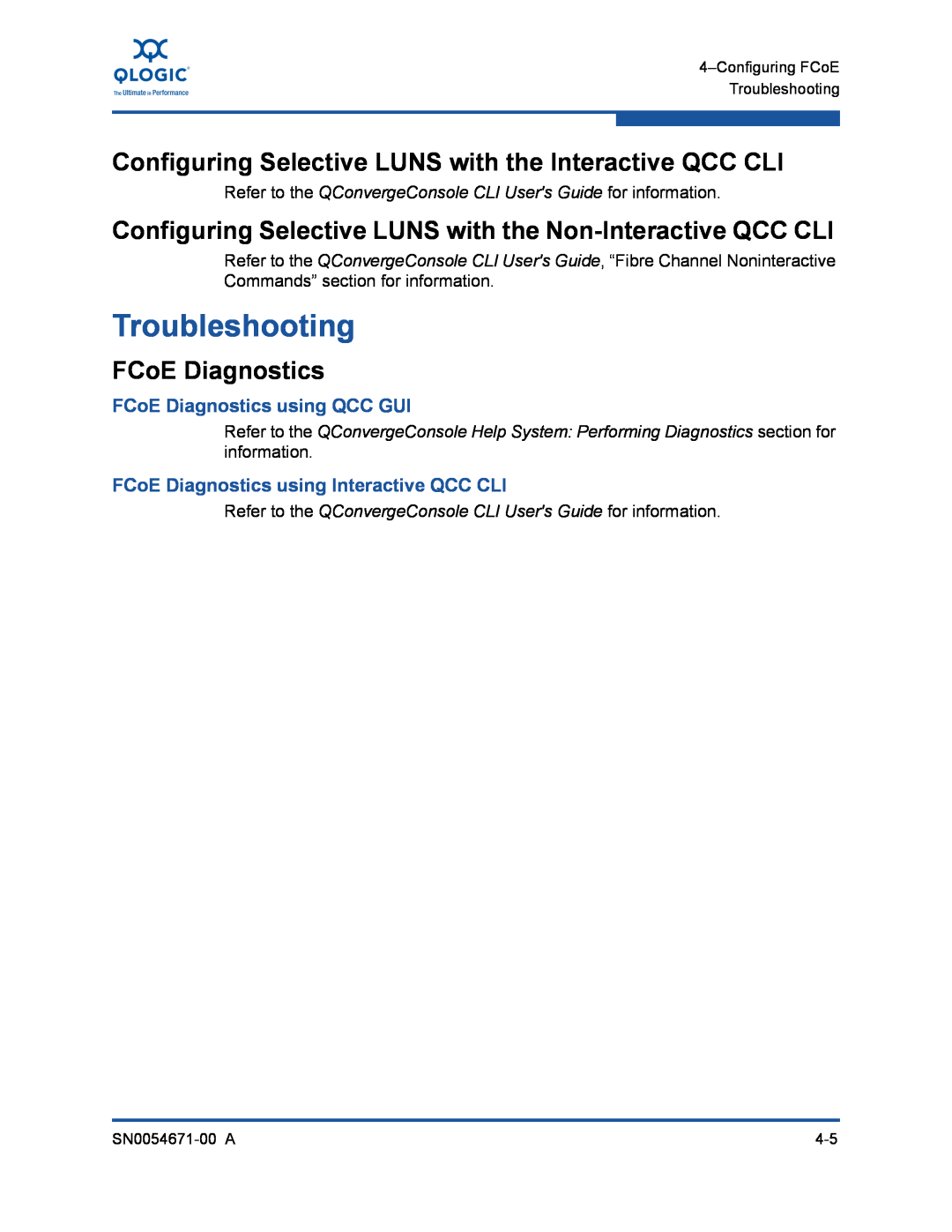 Q-Logic 3200, 8200 manual Troubleshooting, Configuring Selective LUNS with the Interactive QCC CLI, FCoE Diagnostics 