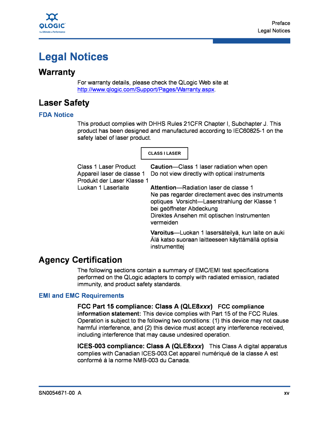 Q-Logic 3200, 8200 manual Legal Notices, Warranty, Laser Safety, Agency Certification, FDA Notice, EMI and EMC Requirements 