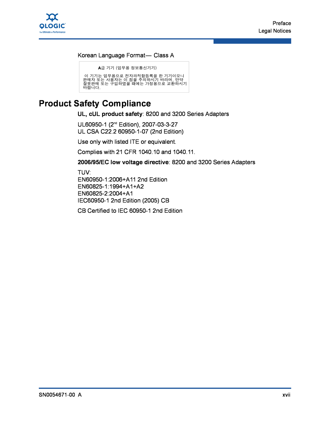 Q-Logic manual Product Safety Compliance, 2006/95/EC low voltage directive 8200 and 3200 Series Adapters 
