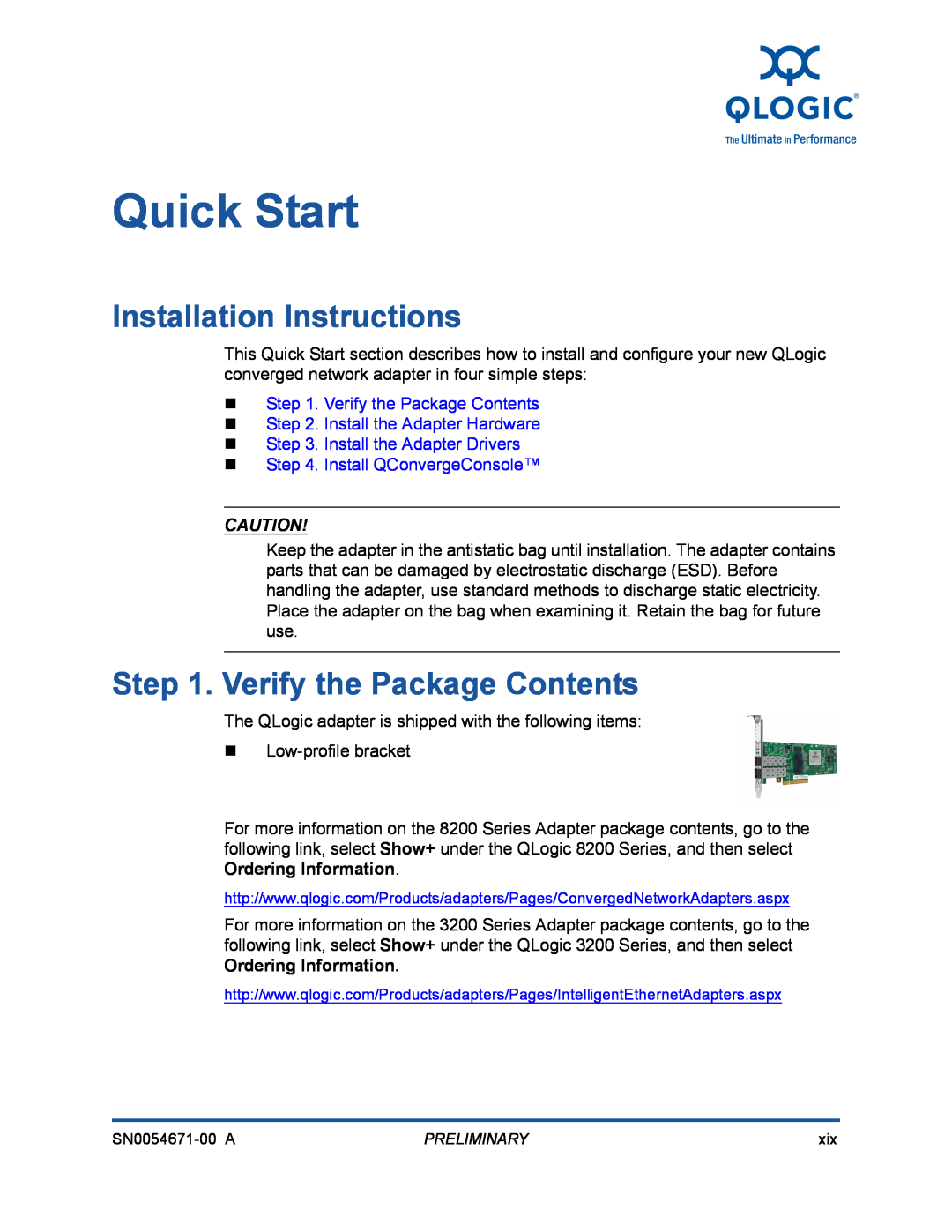 Q-Logic 3200 Quick Start, Installation Instructions,  . Verify the Package Contents,  . Install the Adapter Hardware 