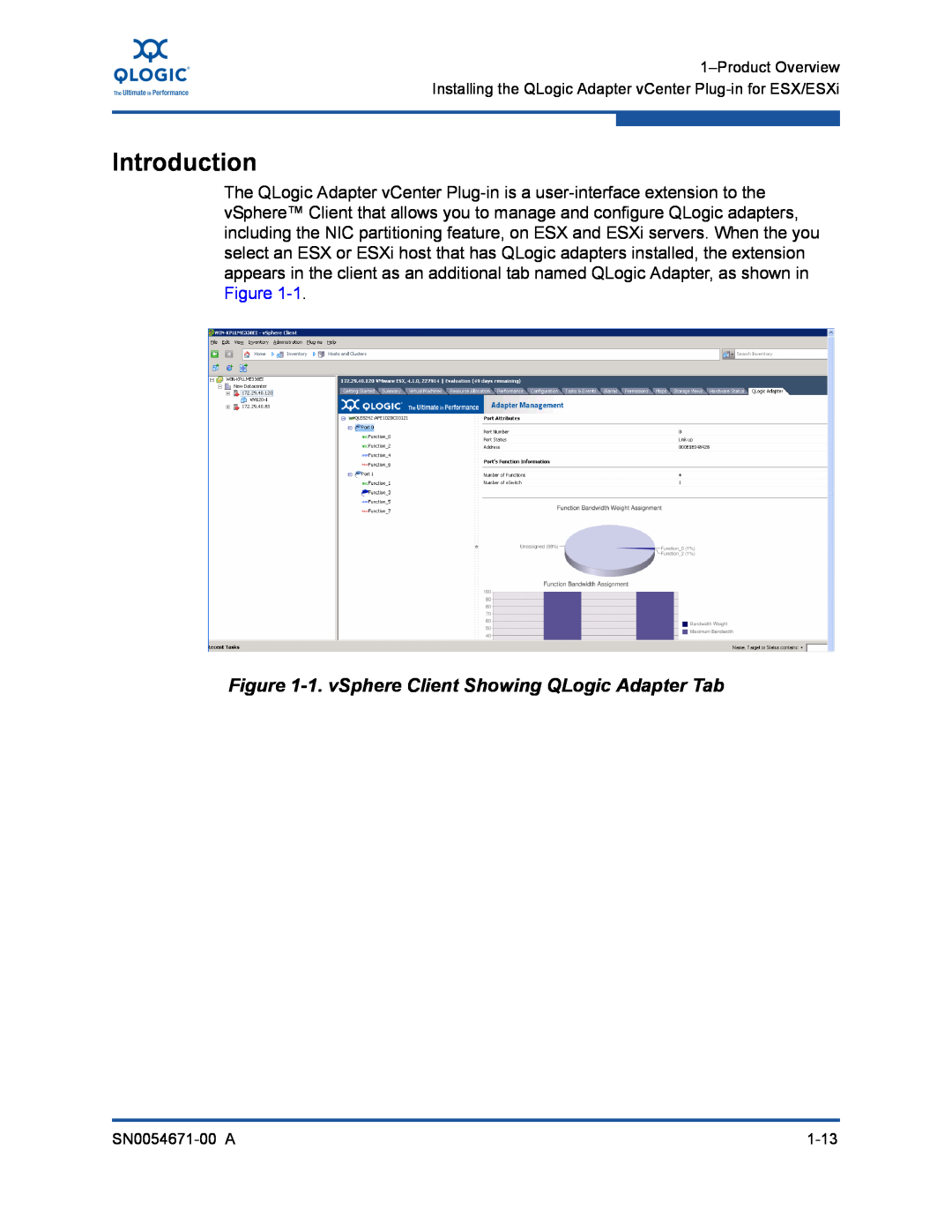 Q-Logic 3200, 8200 manual Introduction, 1. vSphere Client Showing QLogic Adapter Tab 